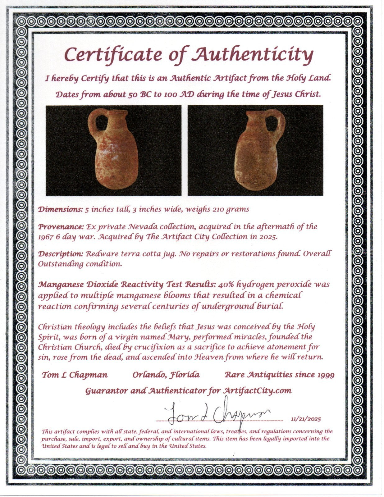 Time of Jesus Christ Ancient Holy Land Artifact Herodian Jug 50BC - 100AD COA 32