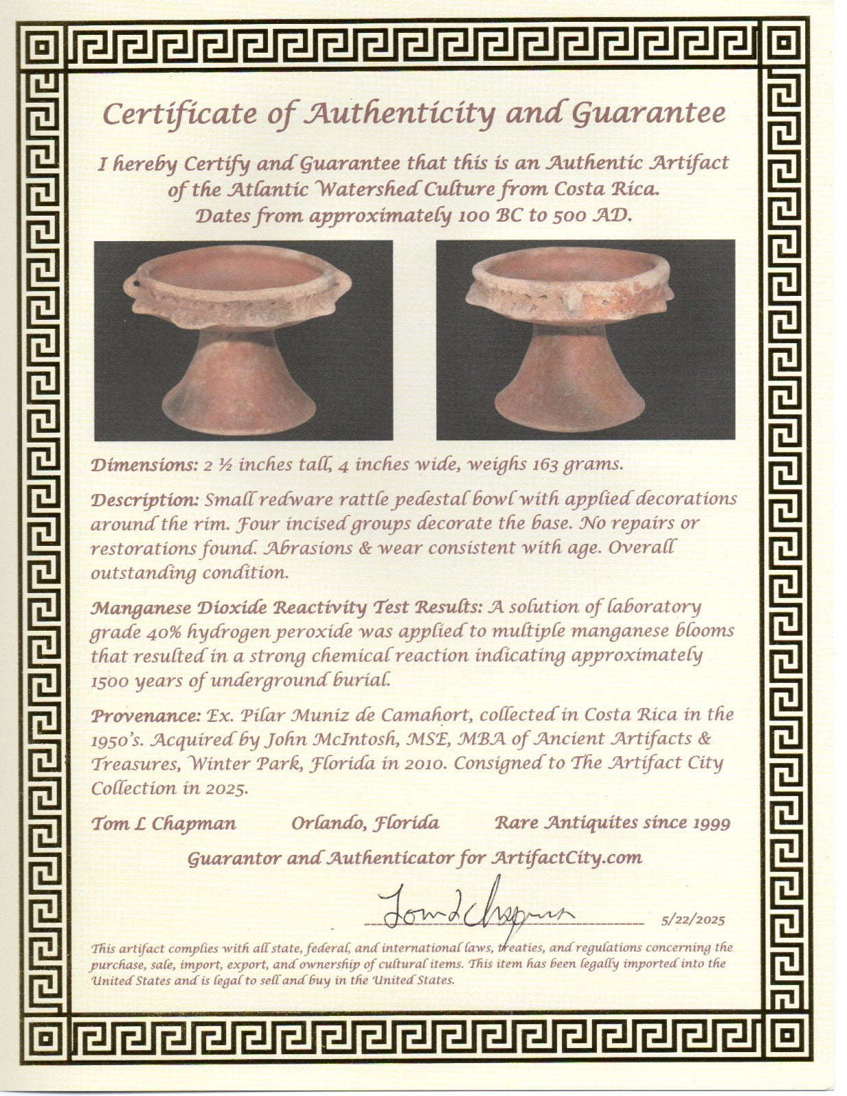 Pre Columbian Artifact Authentic Rattle Bowl Watershed Region Costa Rica COA J87