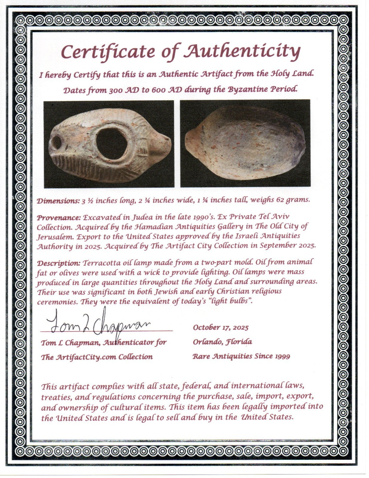 Oil Lamp Holy Land Ancient Artifact Jesus Christ Home Israel 300-600 AD COA 70