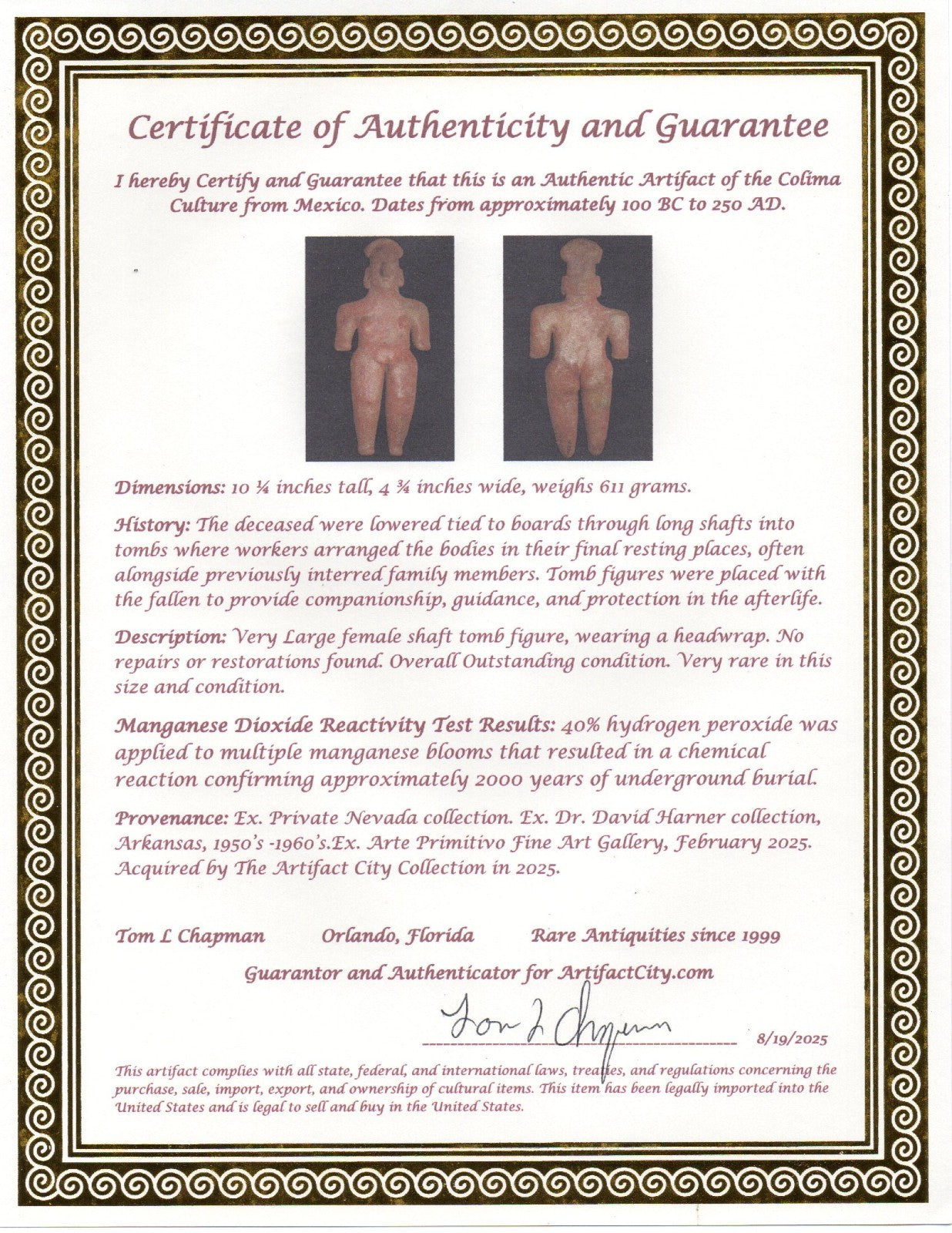 Pre Columbian Artifact Giant 10in Female Tomb Figure Colima Mexico 100BC COA 272