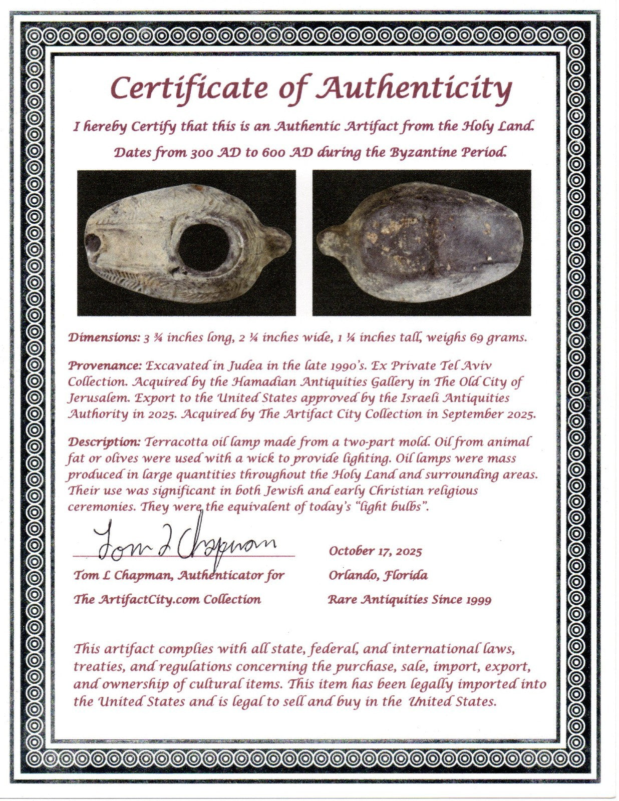 Ancient Holy Land Oil Lamp Artifact 2 Hidden Christian Crosses 300-600AD COA 113