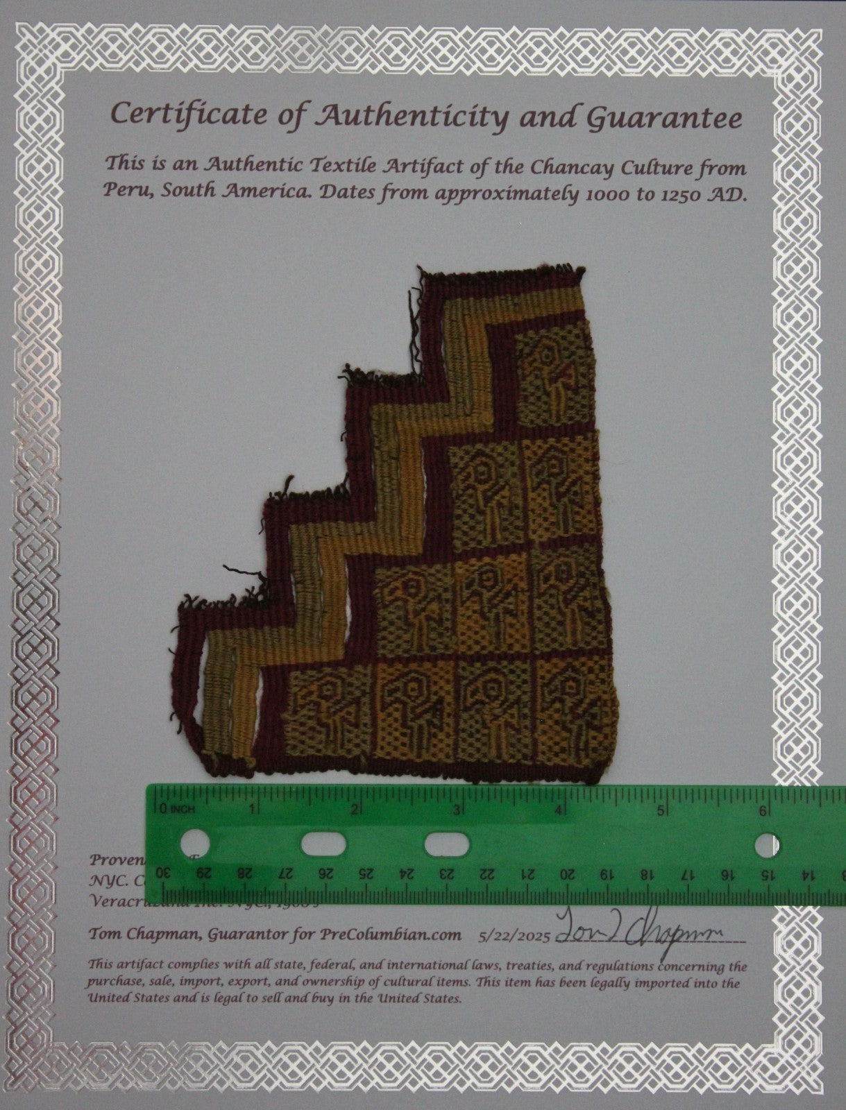 Pre Columbian Artifact Authentic Frameable Textile Border Chancay Peru COA 15