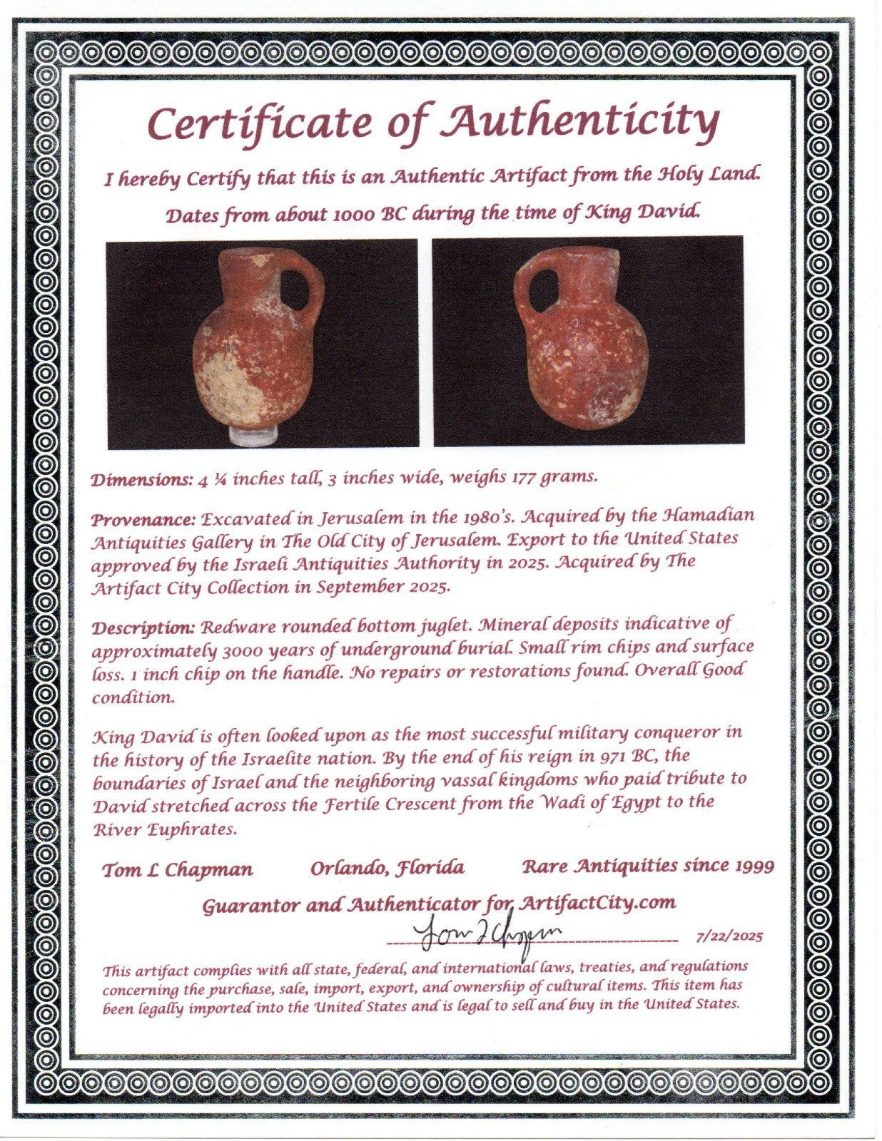 Ancient Holy Land Artifact King David Jug Land of Jesus Christ 1000 BC COA 11