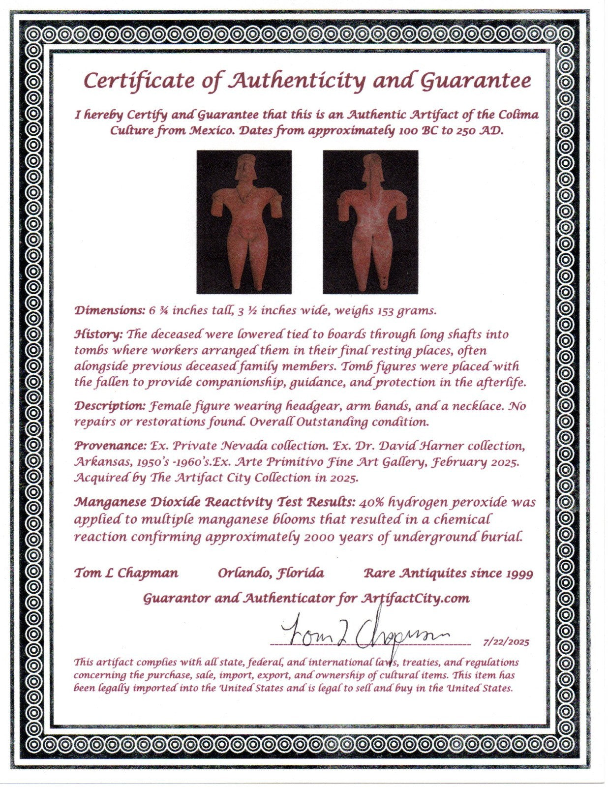 Pre Columbian Artifact 6 Inch Female Tomb Figure Colima Mexico 100 BC COA 246