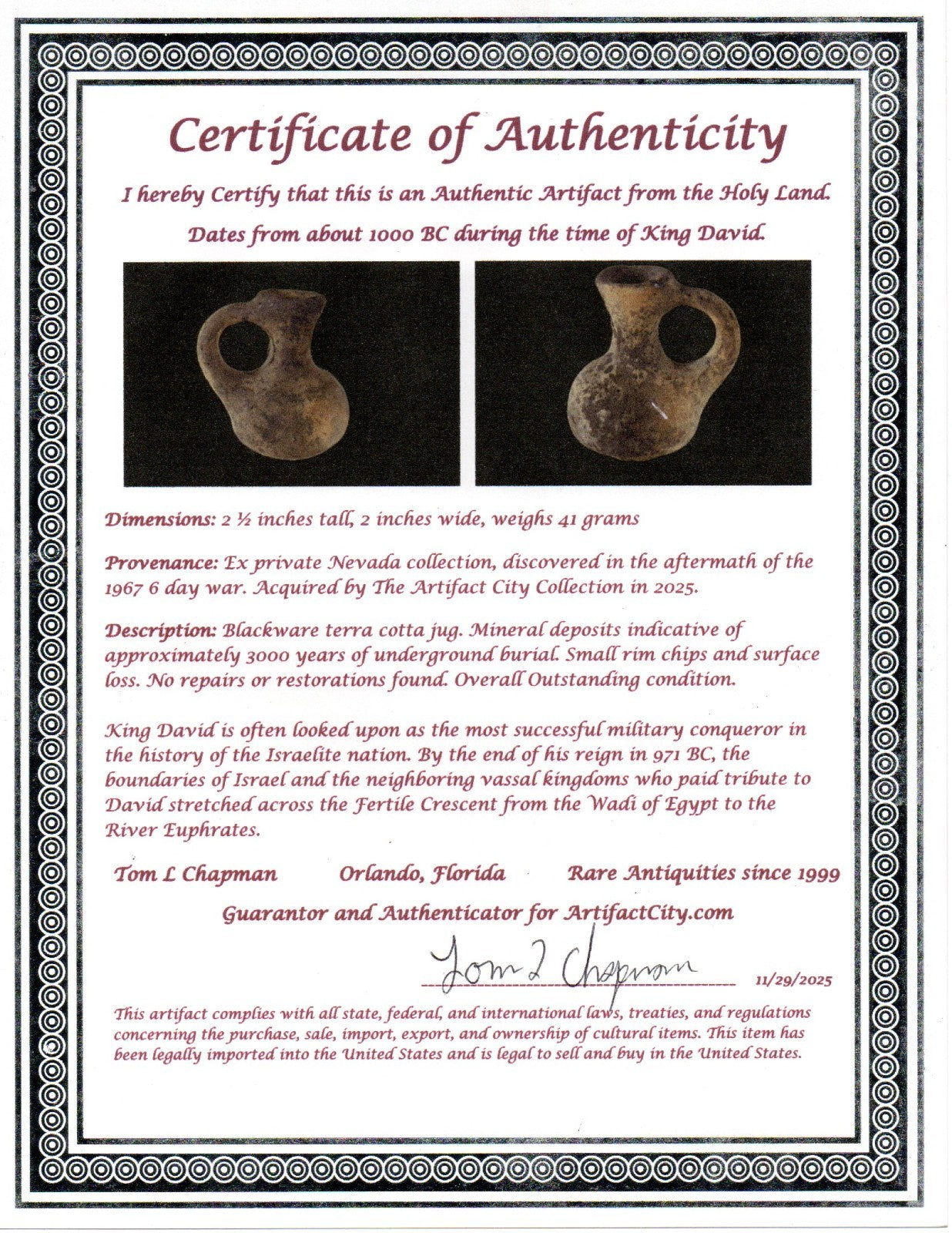Time of King David Jugglet Ancient Holy Land Artifact Home of Jesus COA 34