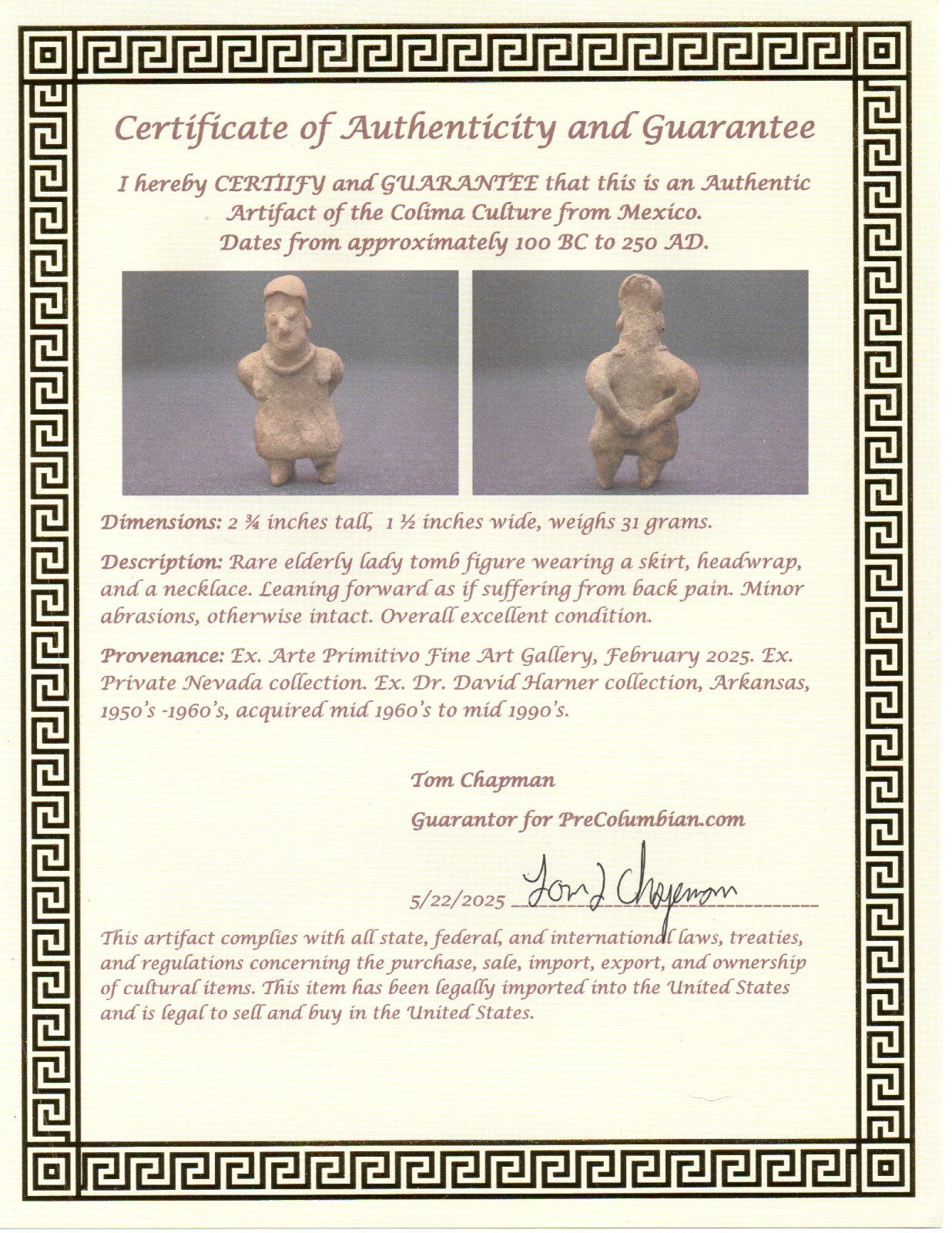 Pre Columbian Artifact Authentic Rare Grandma Tomb Figure Colima Mexico COA 157