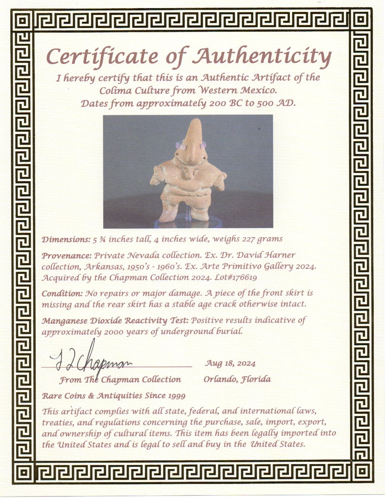 Pre Columbian Artifact Authentic Tomb Figure Colima Ex Arte Primitivo COA T80