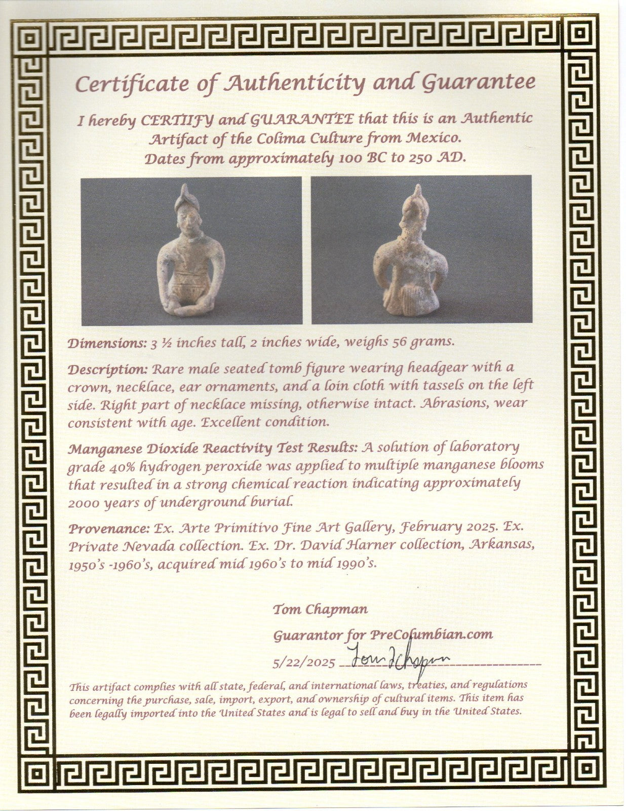 Pre Columbian Artifact Authentic Male Seated Tomb Figure Colima Mexico COA 192