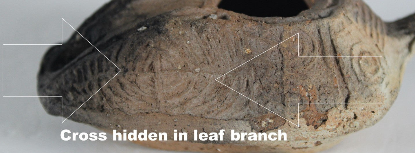 Ancient Holy Land Oil Lamp Artifact 2 Hidden Christian Crosses 300-600AD COA 112