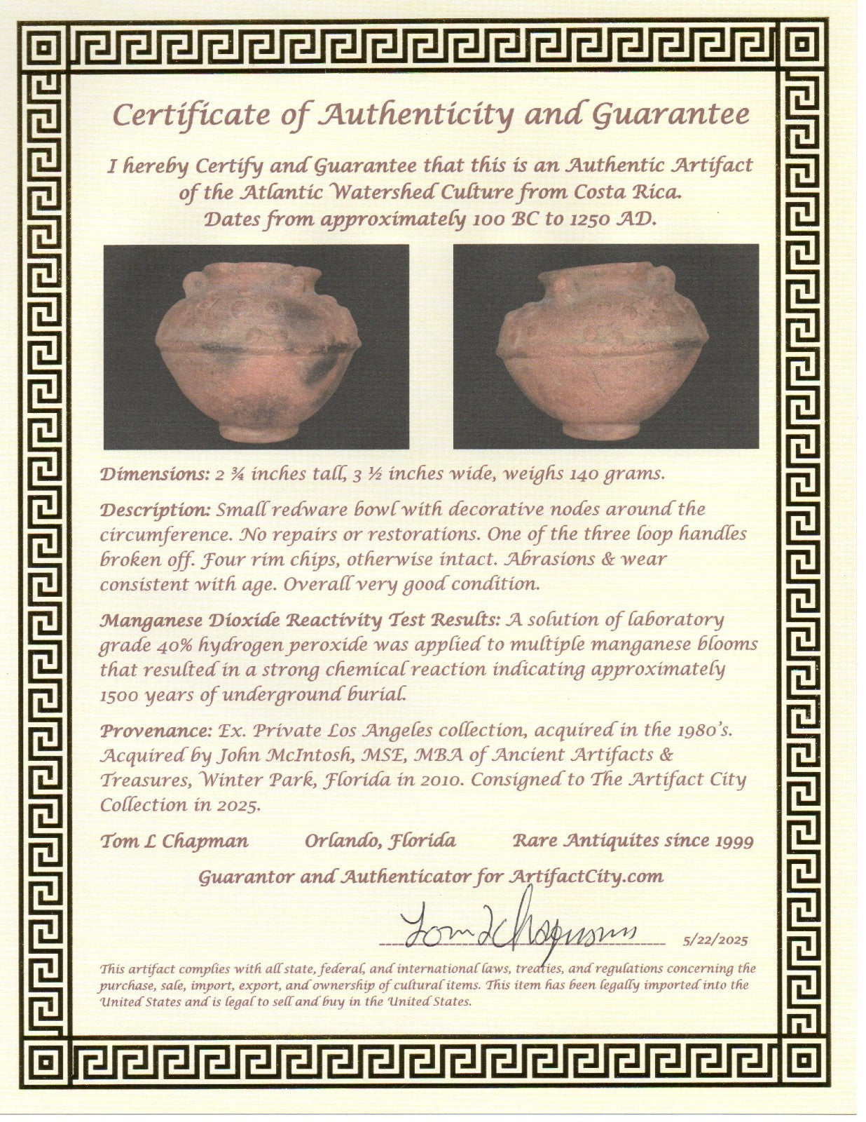 Pre Columbian Real Authentic Artifact Bowl Atlantic Watershed Costa Rica COA J81