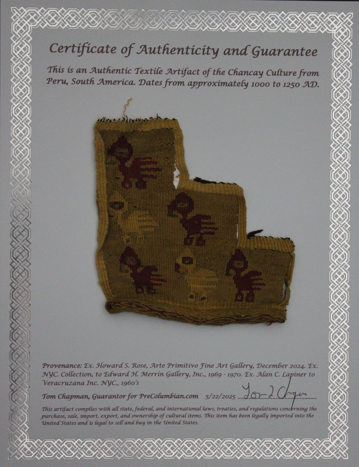 Pre Columbian Artifact Authentic Frameable Textile Border Chancay Peru COA 23