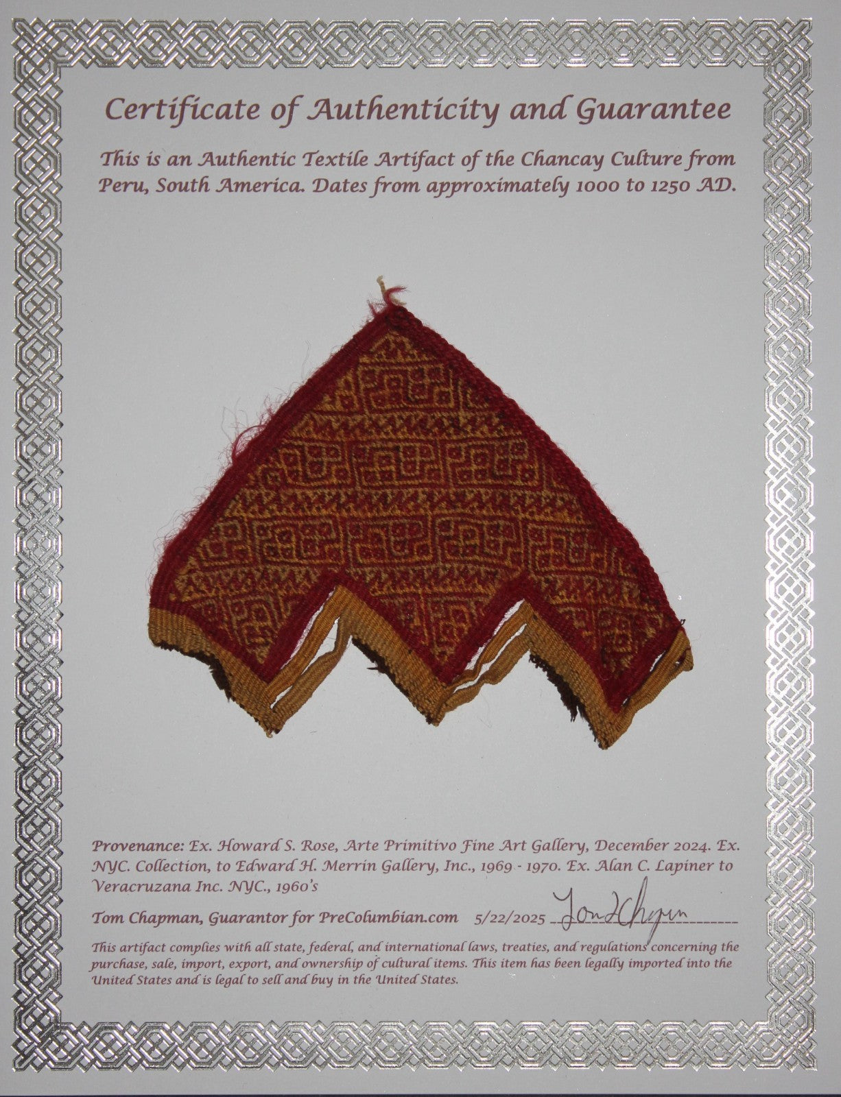 Pre Columbian Artifact Authentic Frameable Textile Border Chancay Peru COA 17