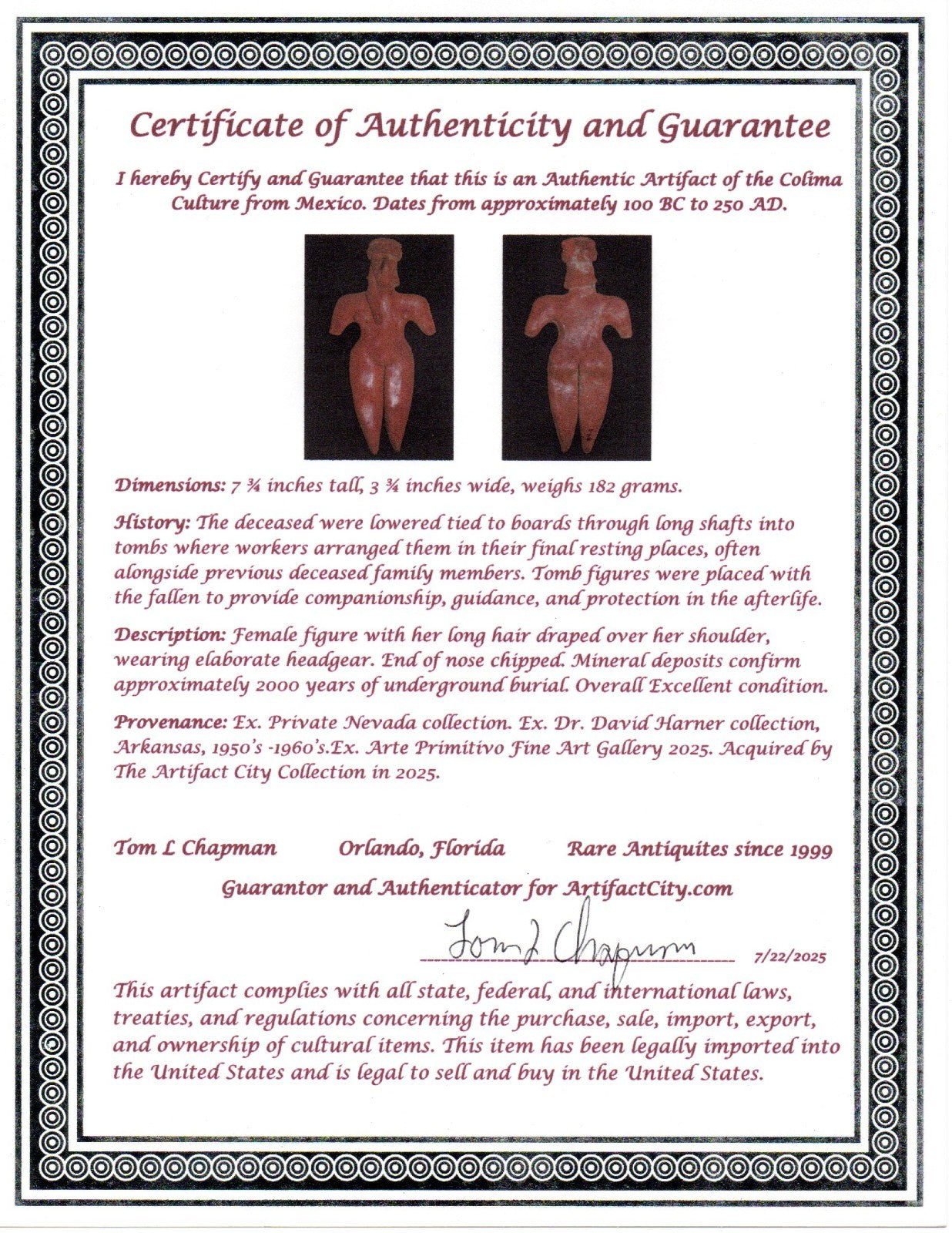 Pre Columbian Artifact 7 Inch Female Tomb Figure Colima Mexico 100 BC COA 244