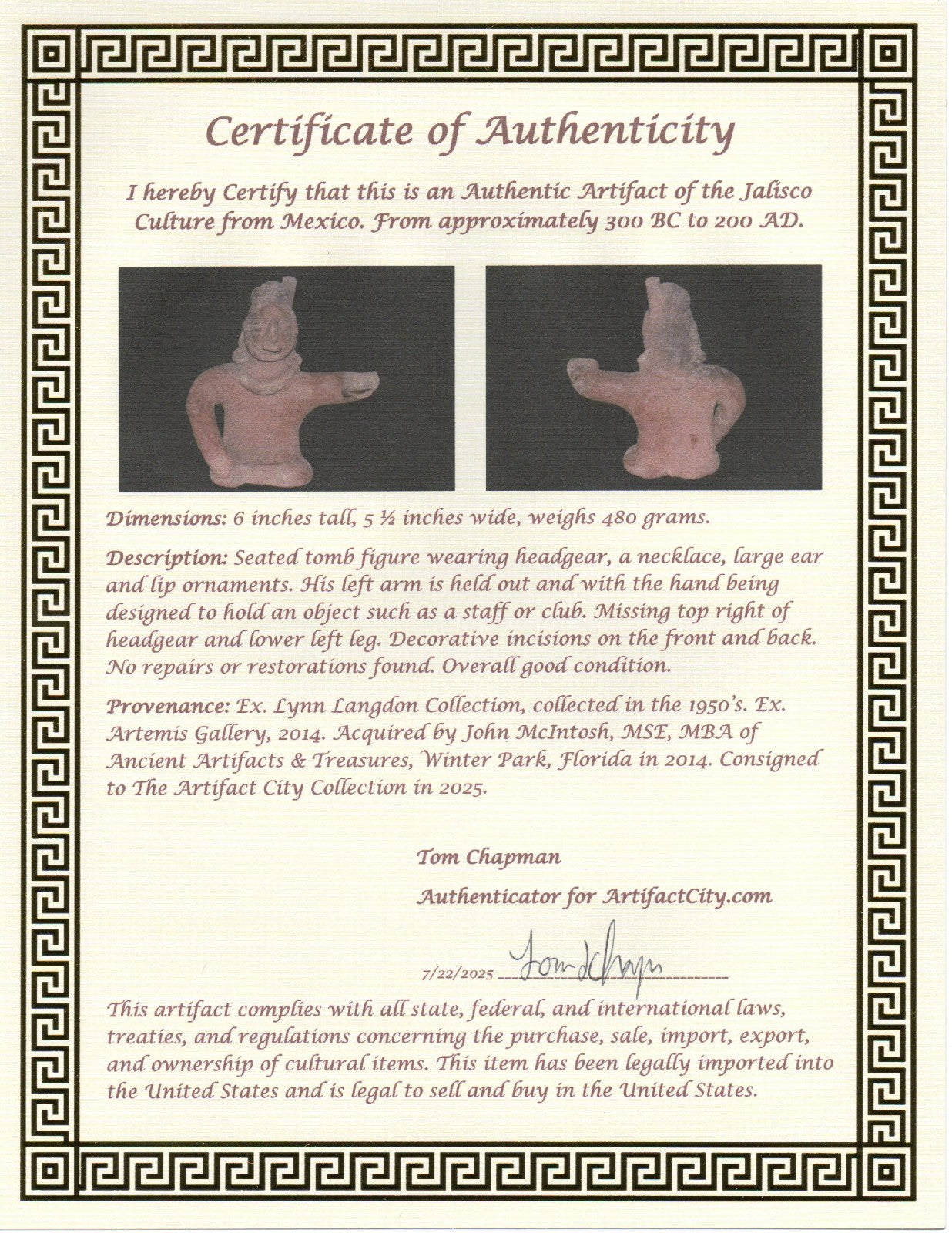 Pre Columbian Authentic Artifact Jalisco Tomb Figure Mexico 300BC-200AD COA J51