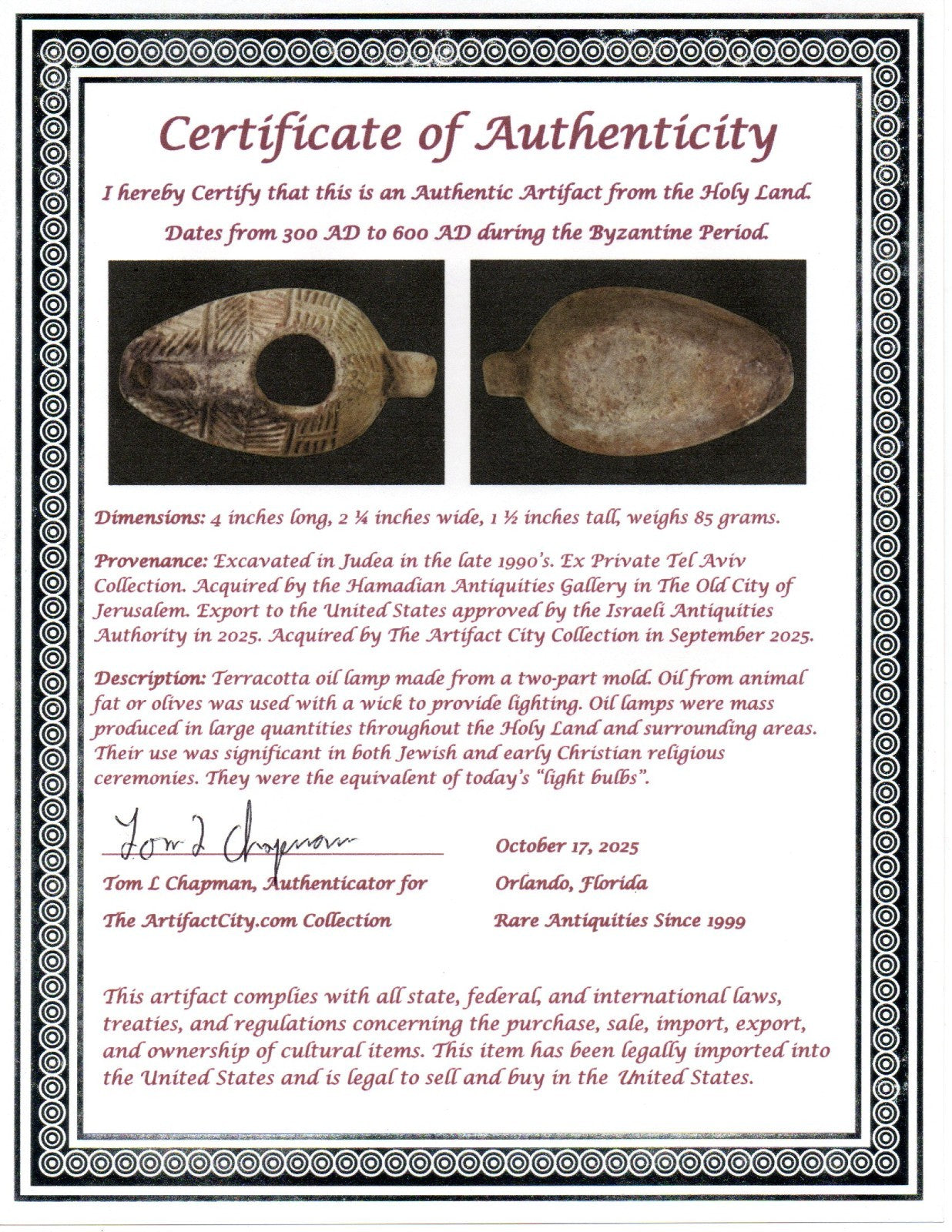 Oil Lamp Holy Land Ancient Artifact Jesus Christ Home Israel 300-600 AD COA 117