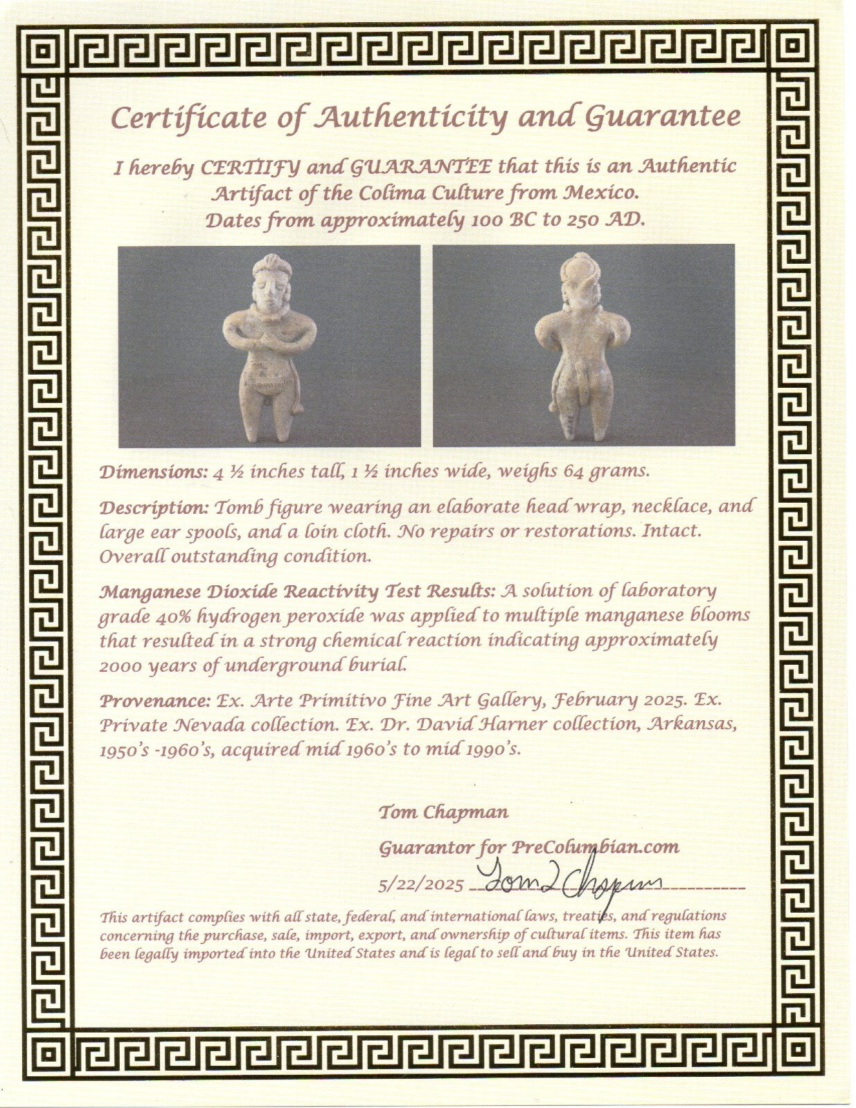 Pre Columbian Artifact Authentic Tomb Figure Colima Mexico 100 BC-250 AD COA 172