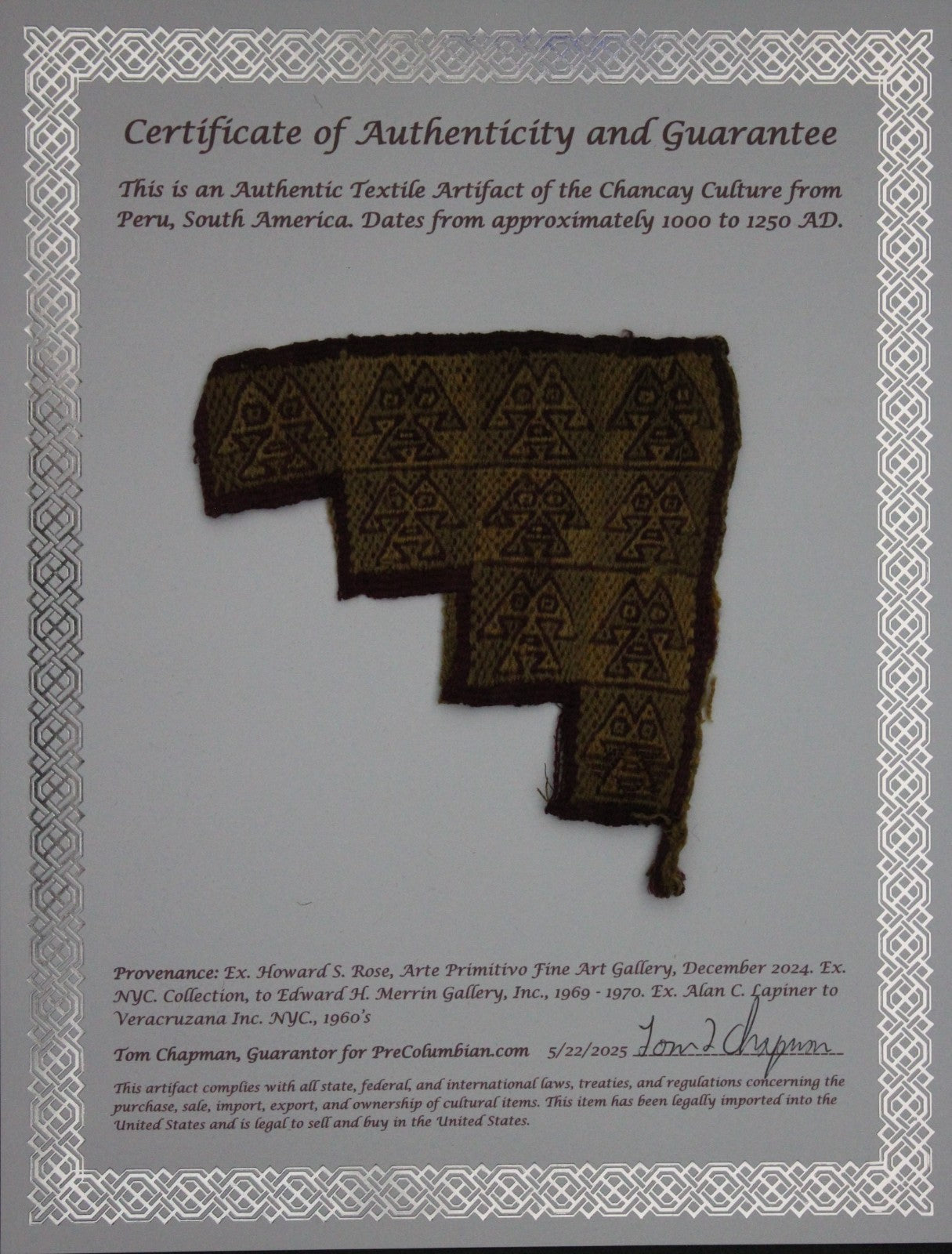 Pre Columbian Artifact Authentic Frameable Textile Border Chancay Peru COA 21