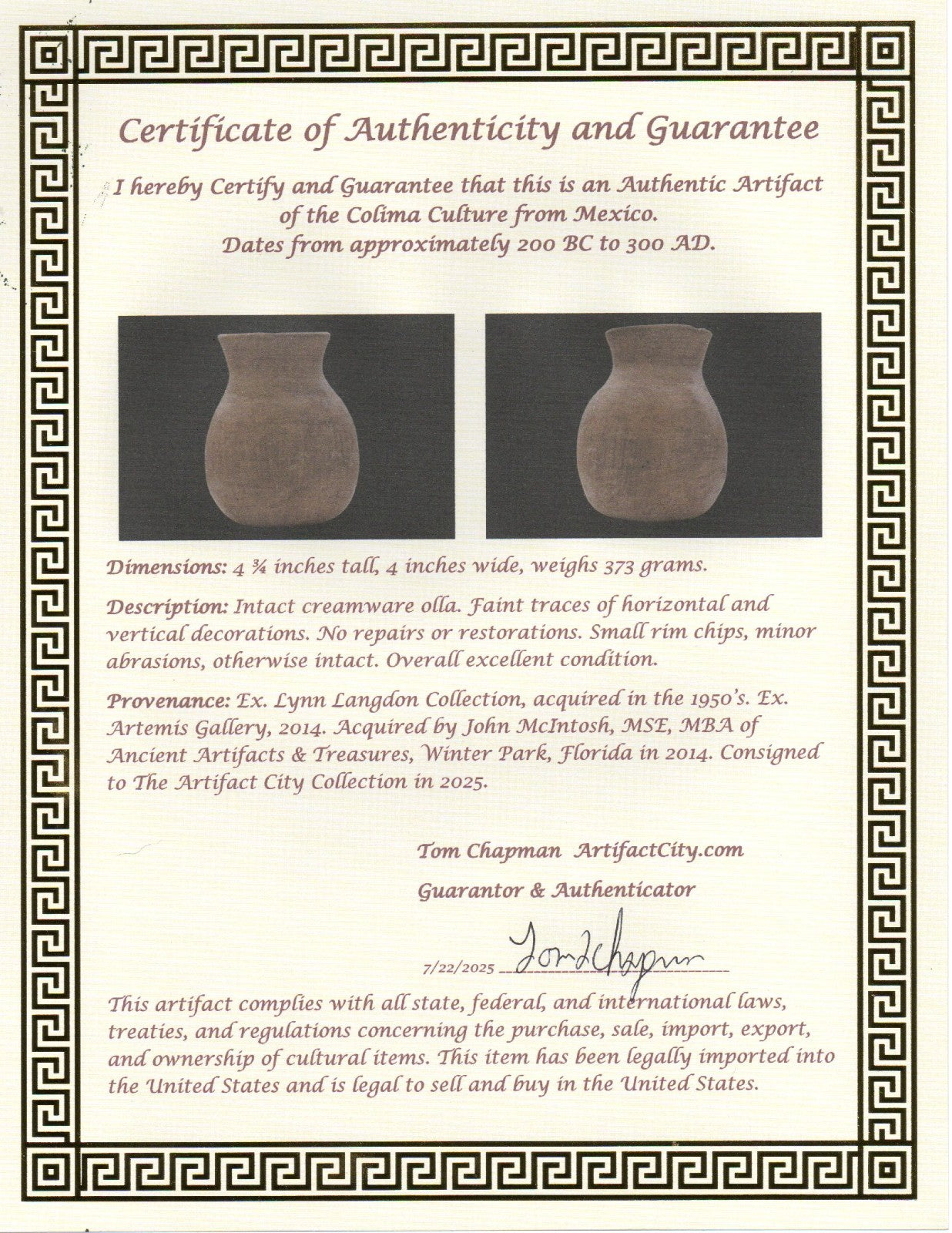 Pre Columbian Authentic Artifact Small Olla Colima Mexico 200 BC-300 AD COA J61