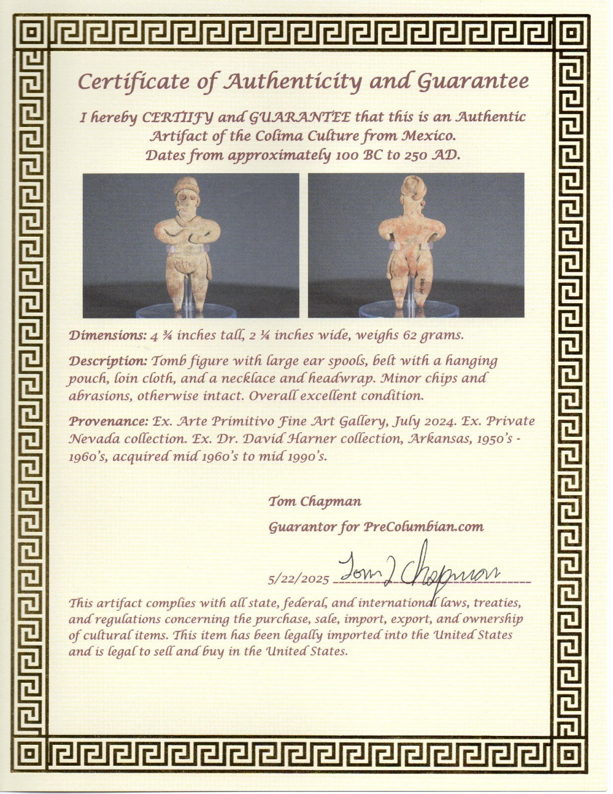 Pre Columbian Artifact Authentic Tomb Figure Colima Mexico 100 BC-250 AD COA 140