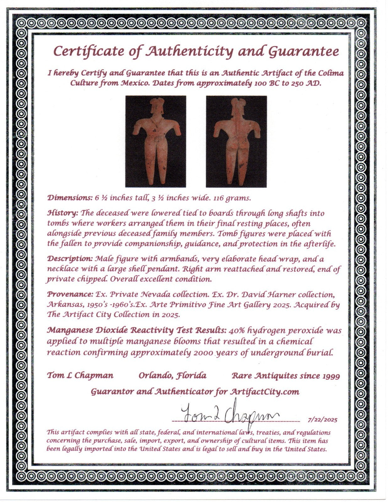 Pre Columbian Artifact 6 Inch Shaft Tomb Figure Colima Mexico 100 BC COA 235