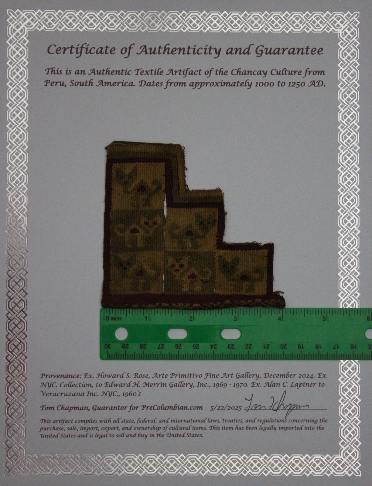 Pre Columbian Authentic Artifact Frameable Textile Border Chancay Peru COA 04