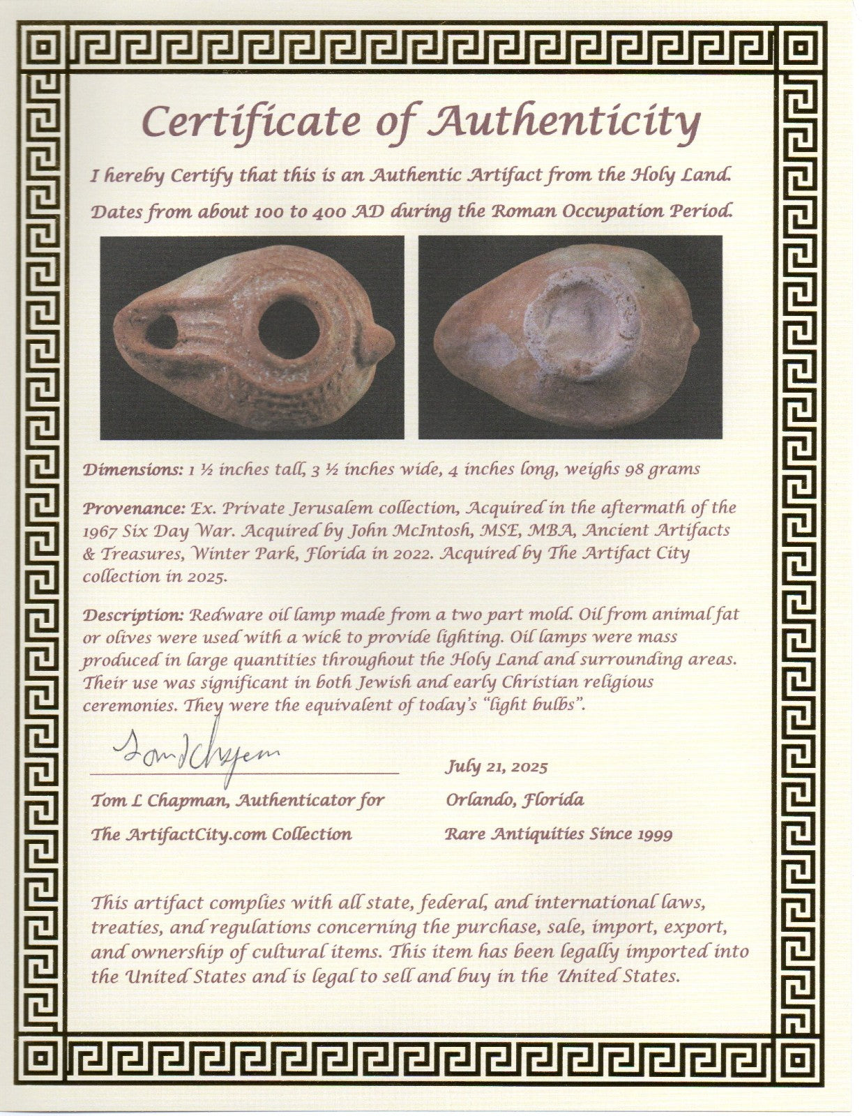 Ancient Holy Land Oil Lamp Artifact Jesus Christ Homeland 100 - 400 AD COA L02