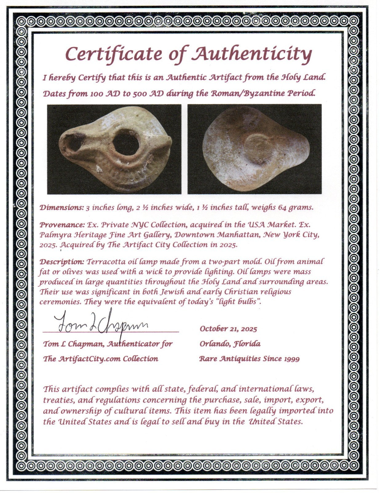 Ancient Holy Land Oil Lamp Artifact From Jesus Christ Home Land 100-500AD COA 67