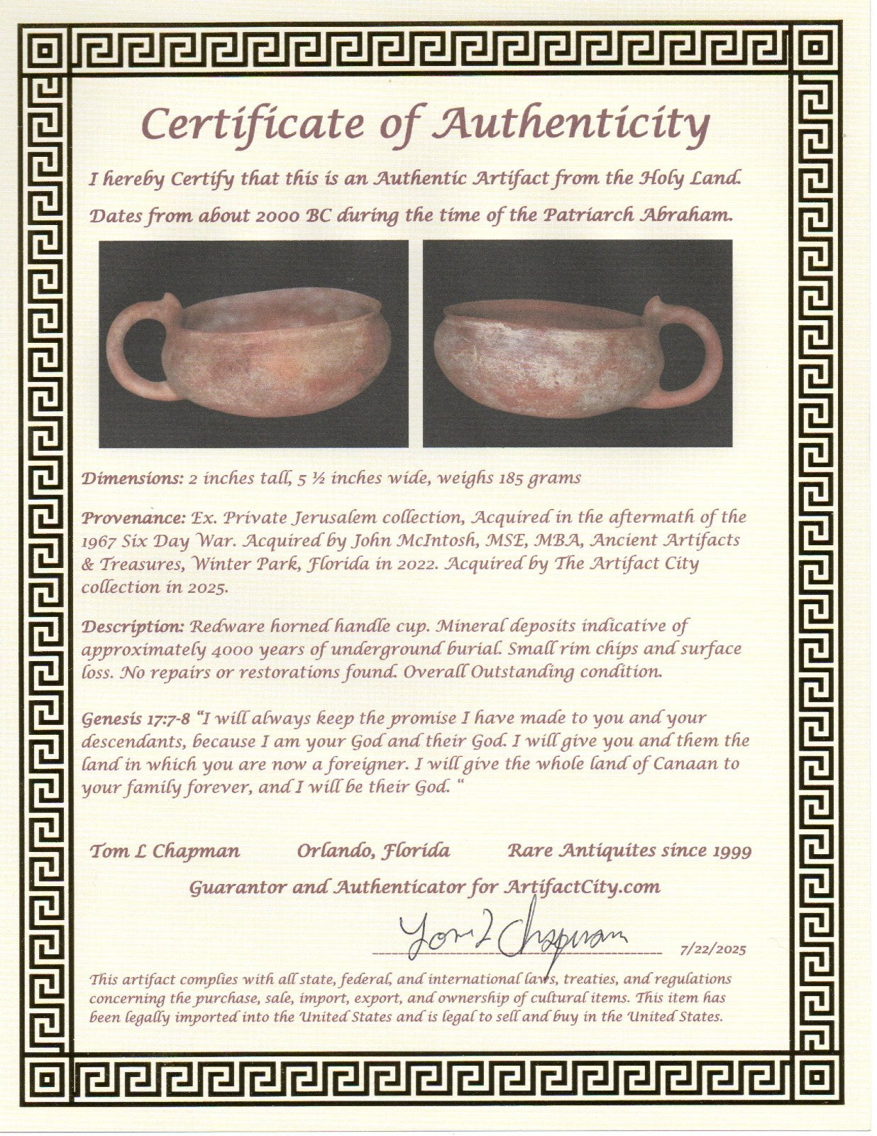 Holy Land Artifact Authentic 4000 Year Old Cup Time of Abraham 2000 BC COA J112