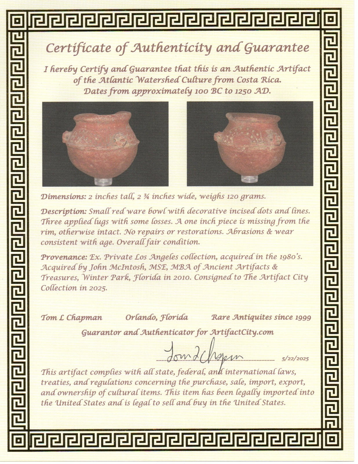 Pre Columbian Real Authentic Artifact Bowl Atlantic Watershed Costa Rica COA J84