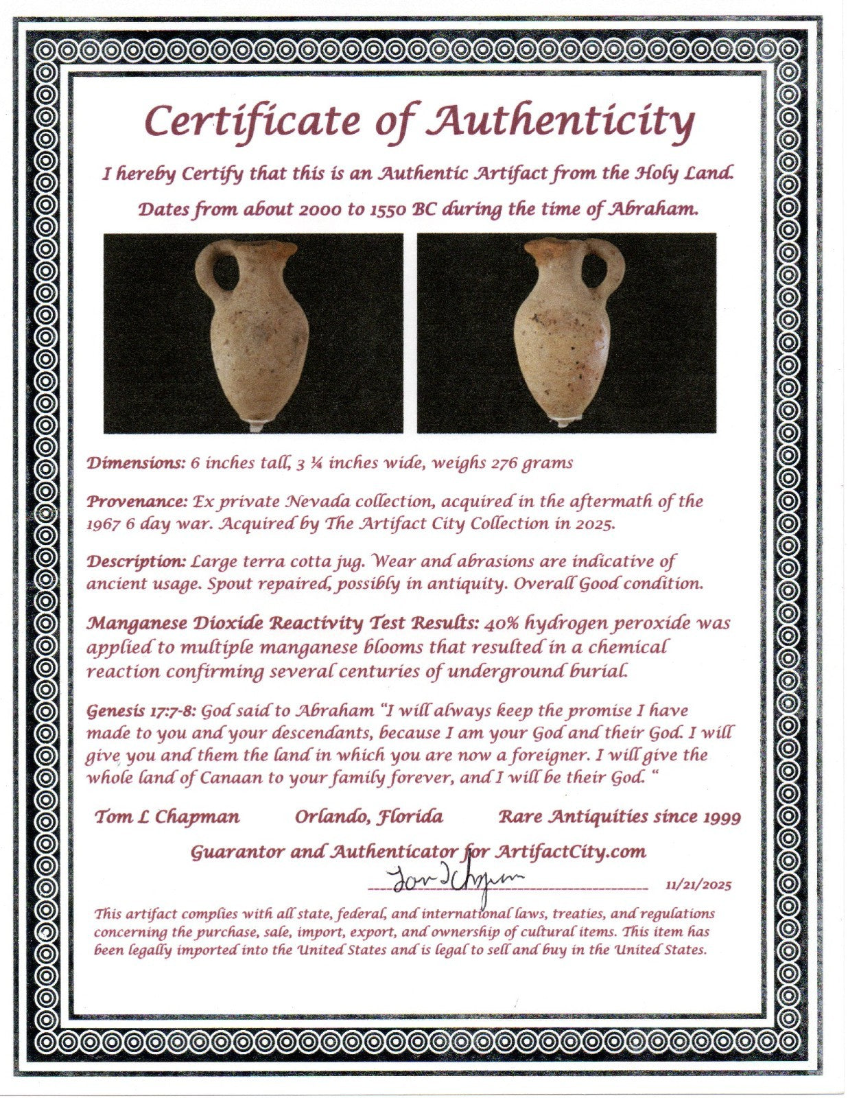 Time of Abraham Holy Land Artifact Ancient 4000 Year Old Jug 2000-1550 BC COA 46