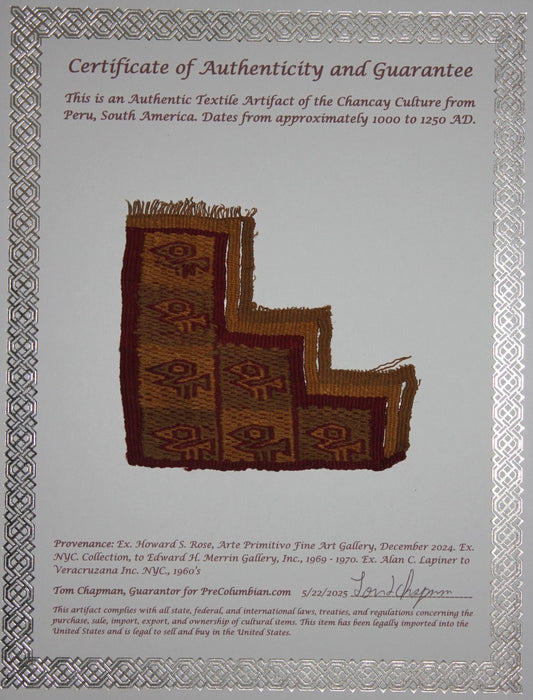 Pre Columbian Artifact Authentic Frameable Textile Border Chancay Peru COA 03