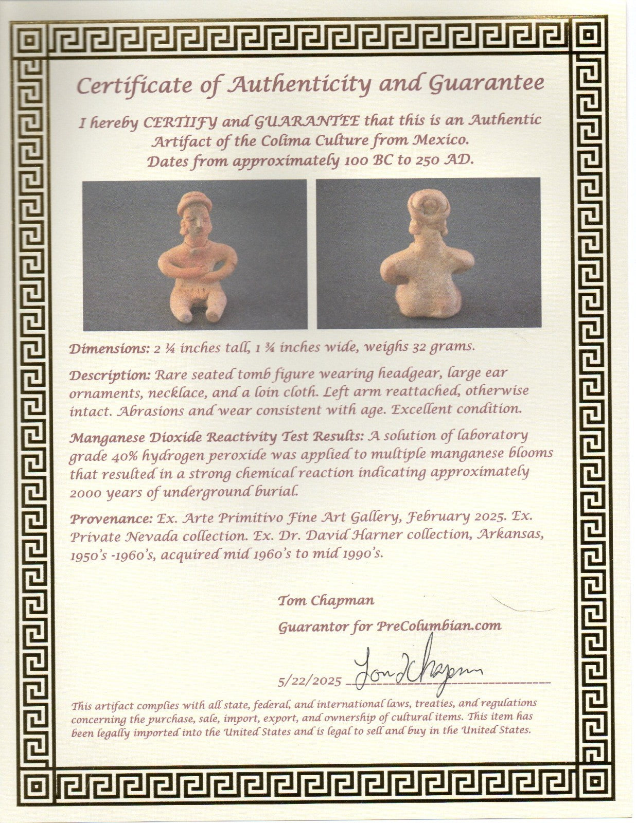 Pre Columbian Artifact Authentic Rare Seated Tomb Figure Colima Mexico COA 189