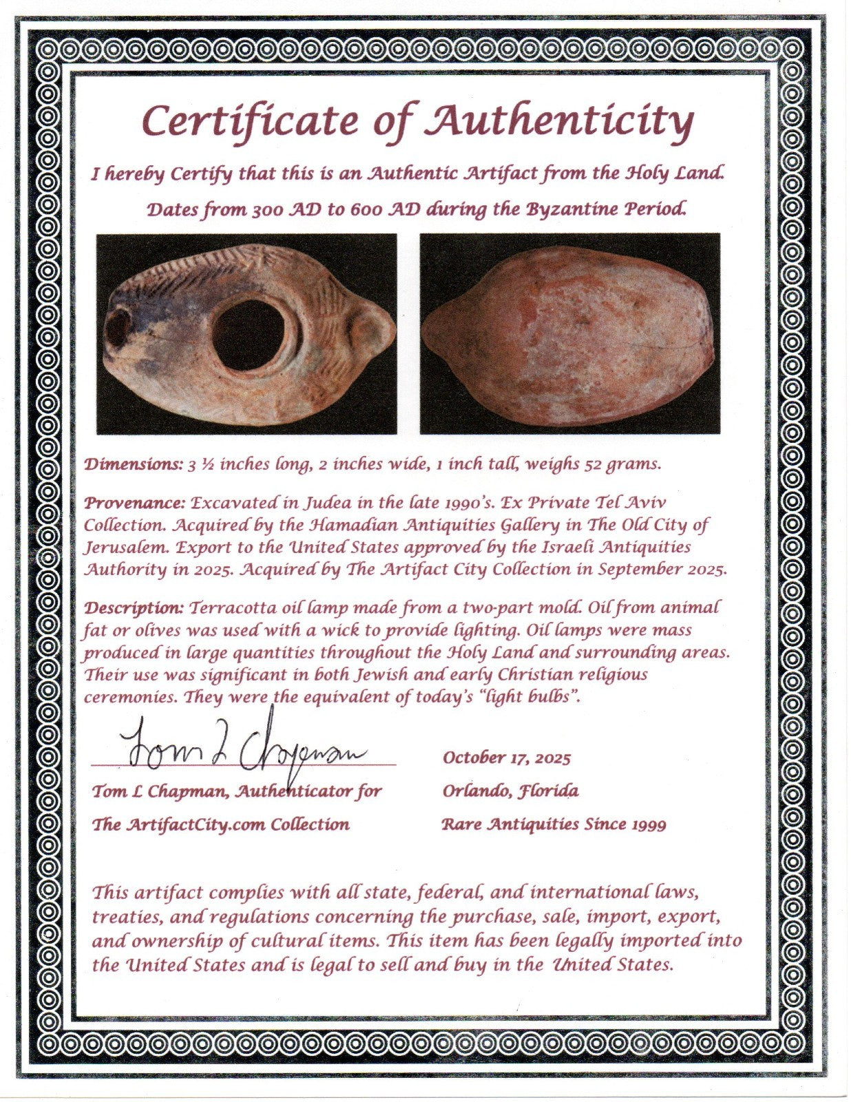 Oil Lamp Holy Land Ancient Artifact Jesus Christ Home Israel 300-600 AD COA 126