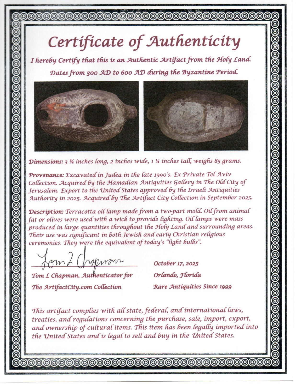 Oil Lamp Holy Land Ancient Artifact Jesus Christ Home Israel 300-600 AD COA 73