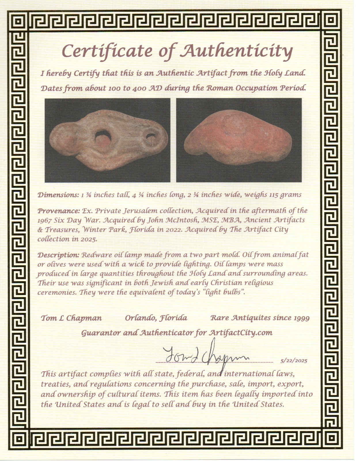 Oil Lamp Holy Land Ancient Artifact Jesus Christ Home Israel 100-400 AD COA J122