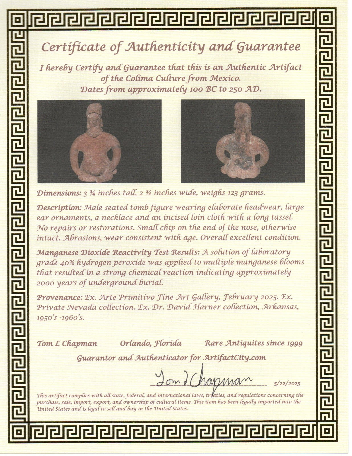 Pre Columbian Artifact Authentic Seated Tomb Figure Colima Mexico 250 AD COA 211