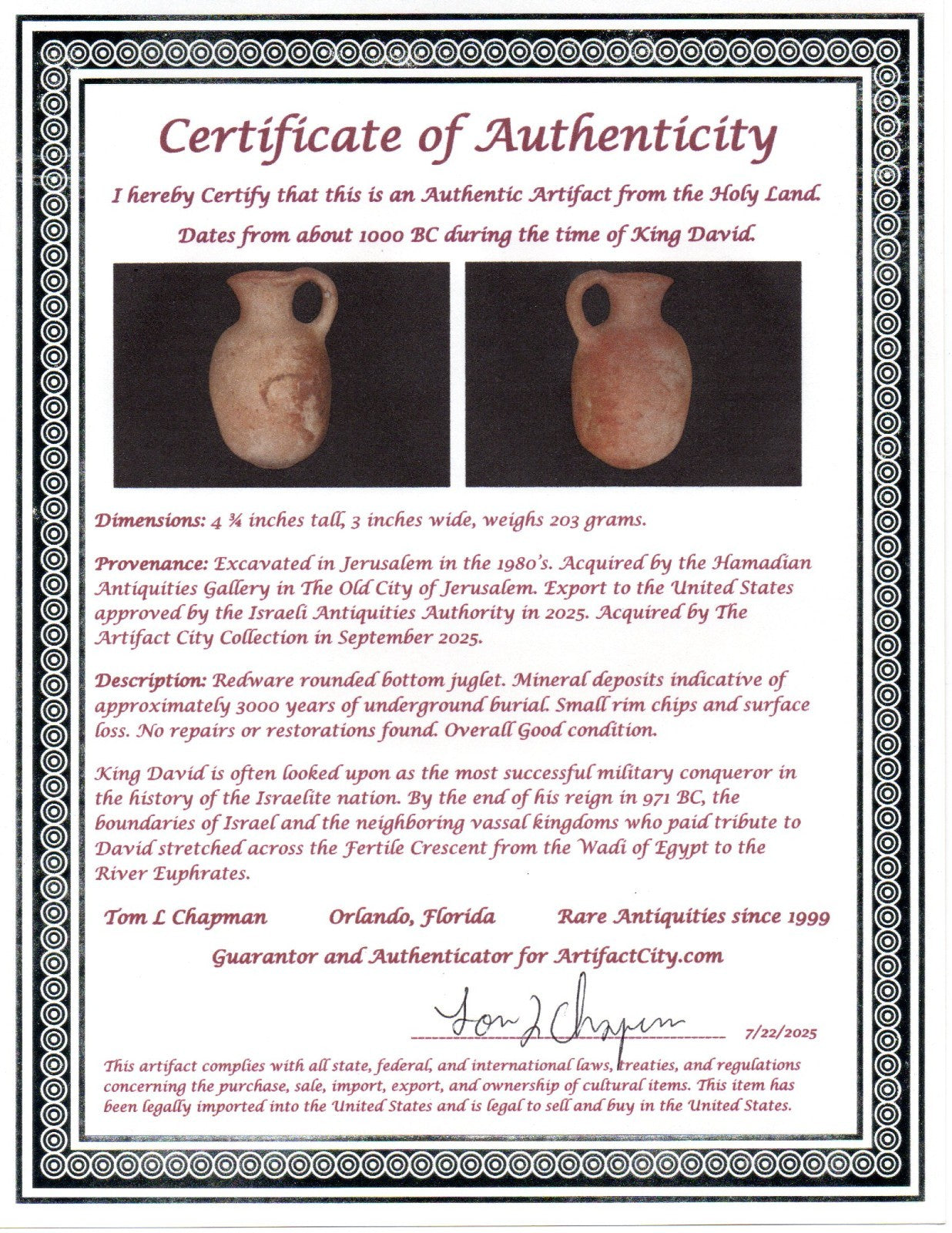 Ancient Holy Land Artifact King David Jug Land of Jesus Christ 1000 BC COA 13