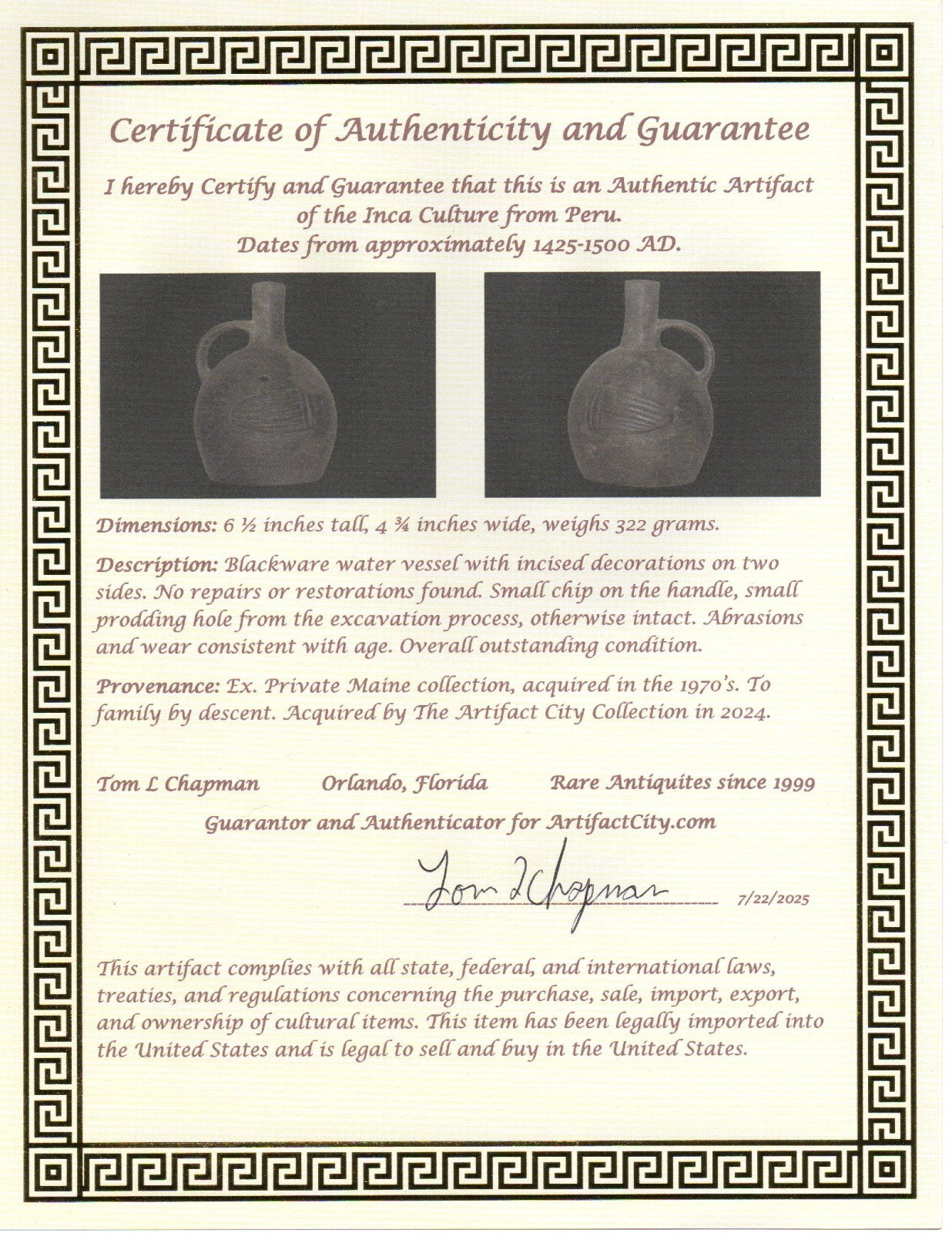 Pre Columbian Artifact Authentic Inca Water Vessle 1425 to 1500 AD Peru COA 219