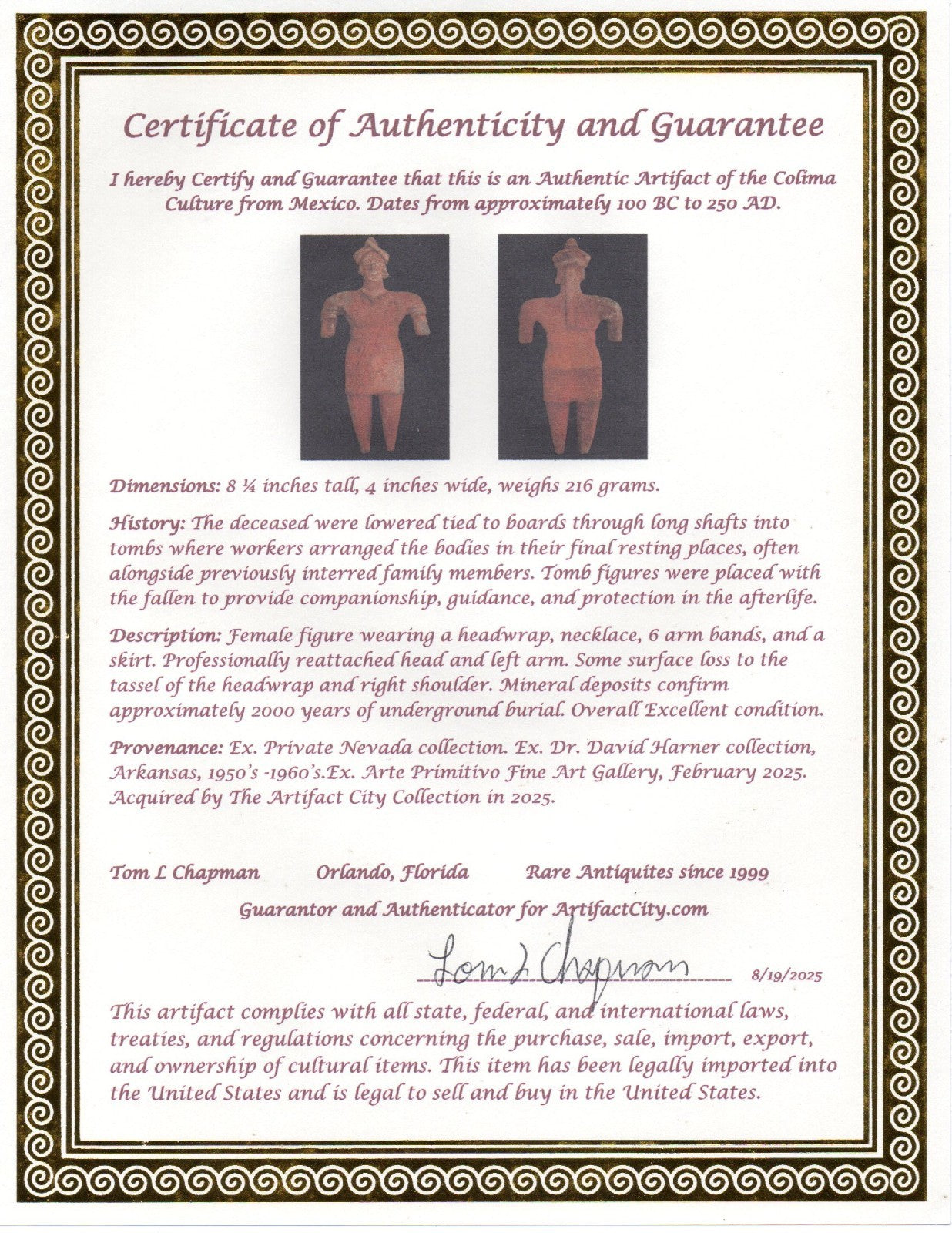 Pre Columbian Artifact 8 inch Female Tomb Figure Colima Mexico 100 BC COA 258