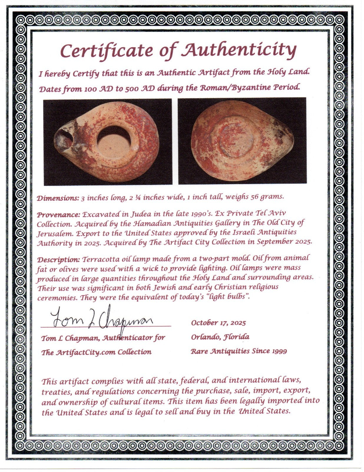 Ancient Holy Land Oil Lamp Artifact From Jesus Christ Home Land 100-500AD COA 59