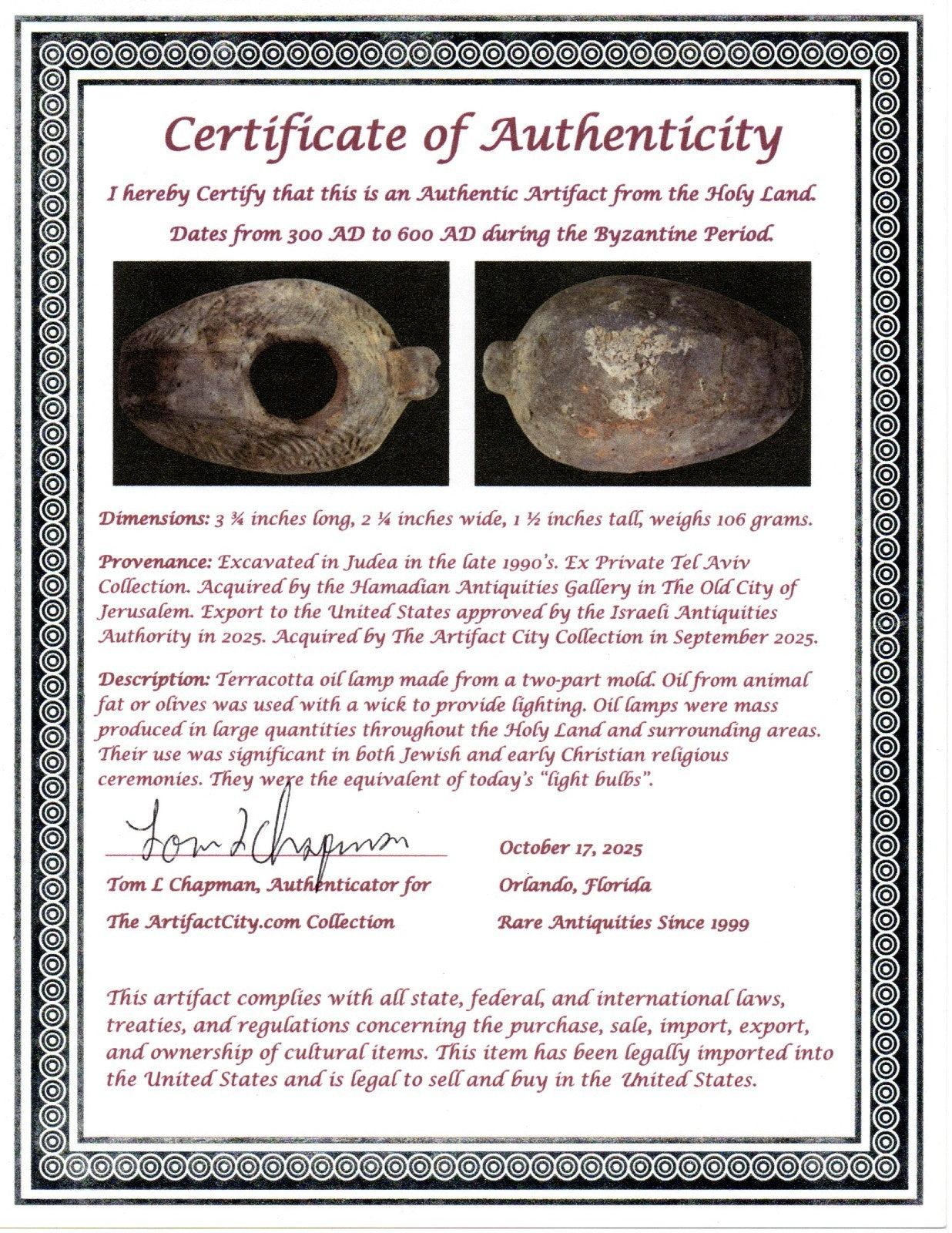 Oil Lamp Holy Land Ancient Artifact Jesus Christ Home Israel 300-600 AD COA 104