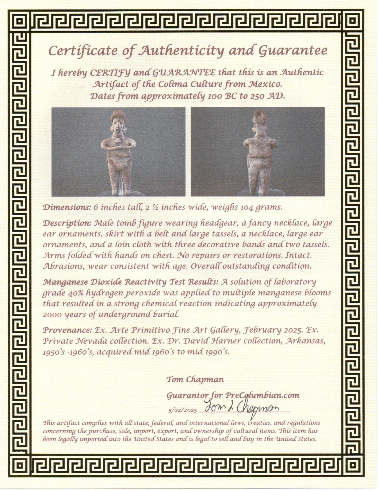 Pre Columbian Artifact Authentic Tomb Figure Colima Mexico 100 BC-250 AD COA 203