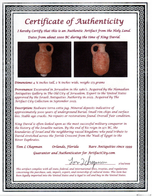 Ancient Holy Land Artifact King David Jug Land of Jesus Christ 1000 BC COA 19