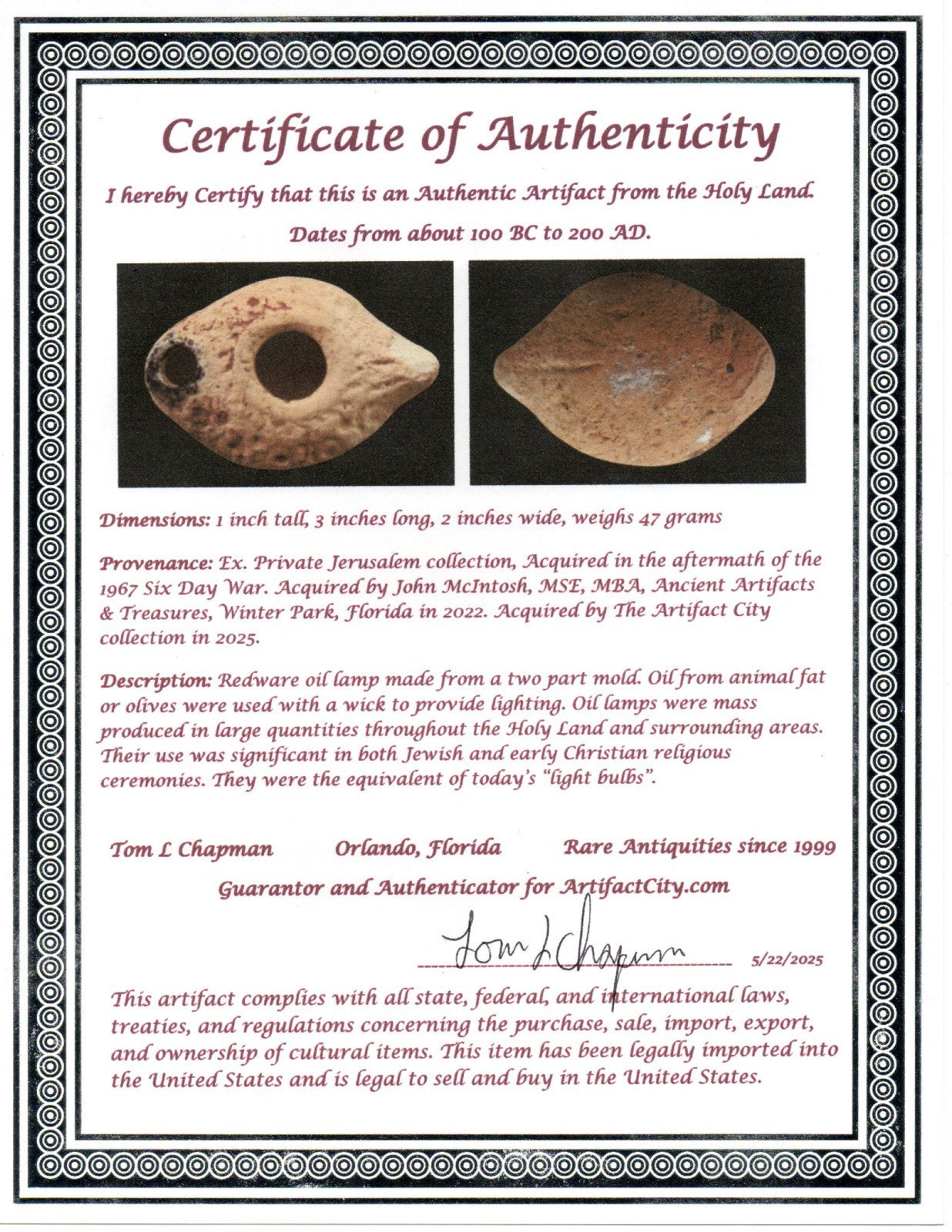 Ancient Holy Land Oil Lamp Artifact Land of Jesus Christ 100 BC-200 AD COA J146