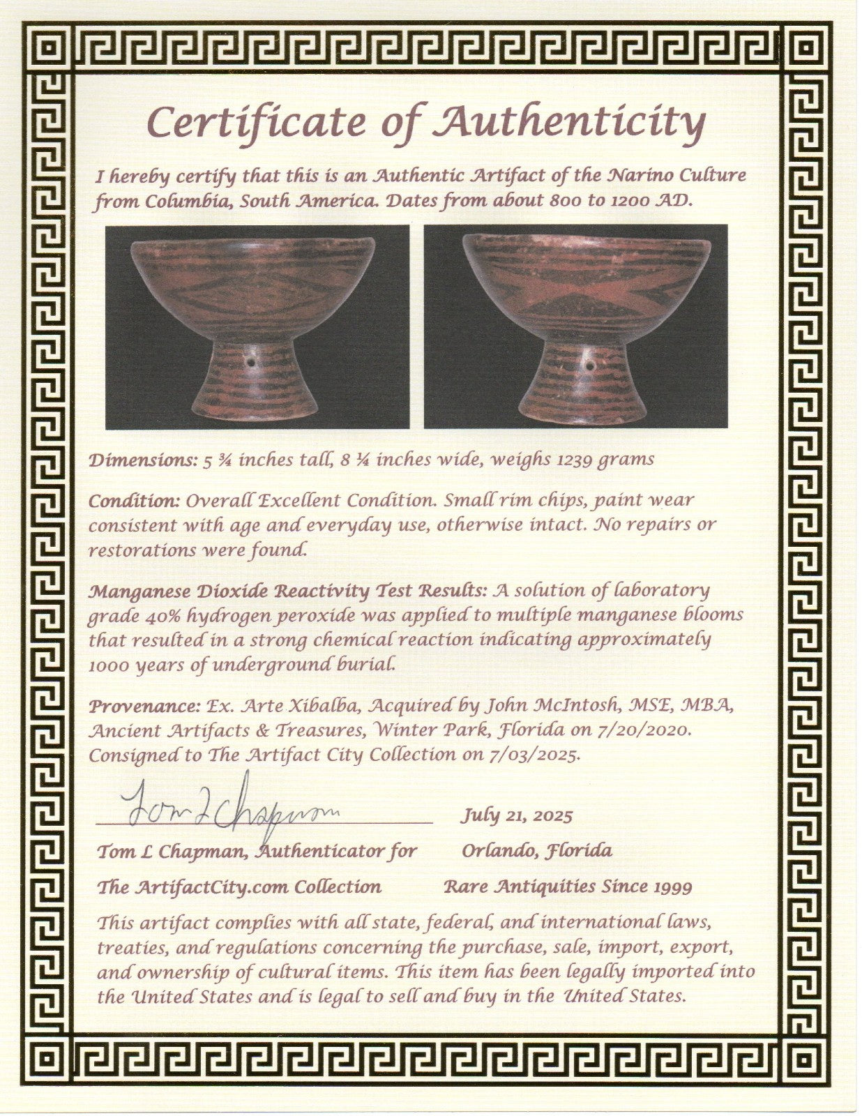 Pre Columbian Authentic Artifact Pedestal Bowl Narino Columbia 1000 AD COA J50