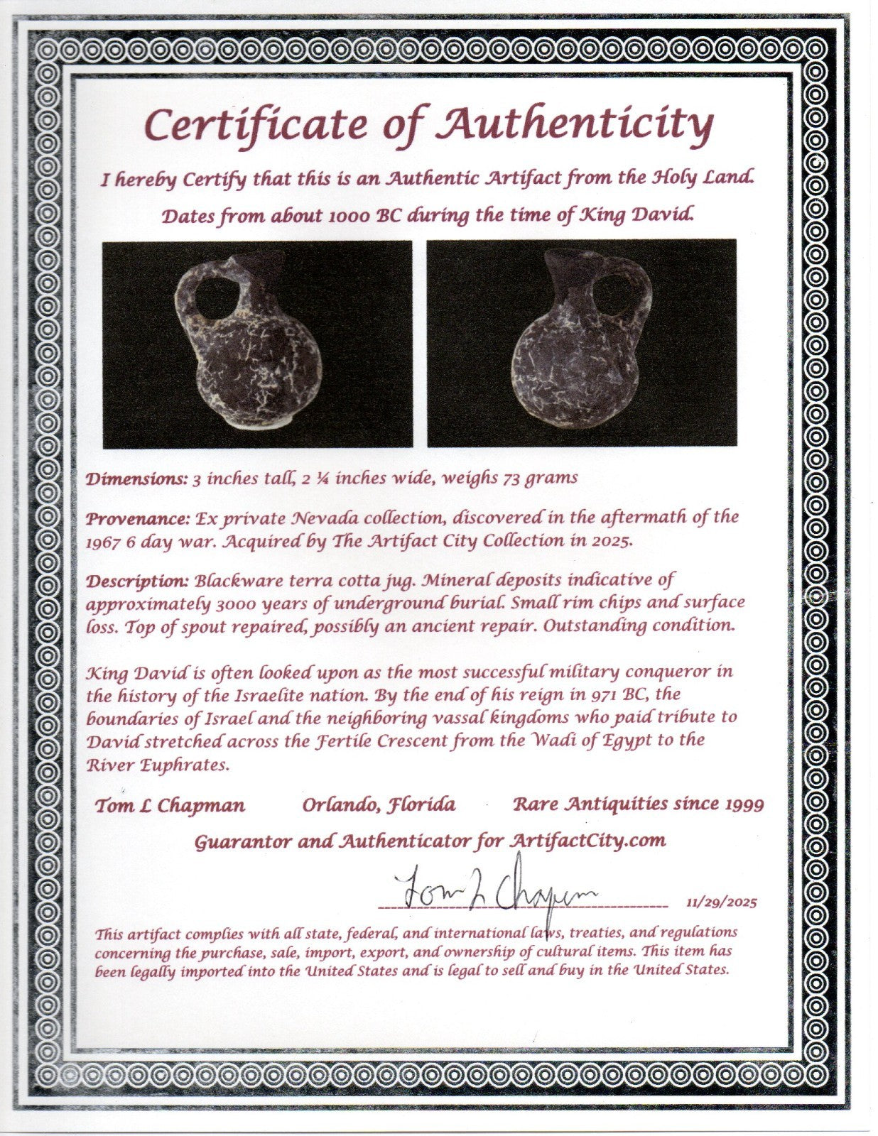 Time of King David Jugglet Ancient Holy Land Artifact Home of Jesus COA 40