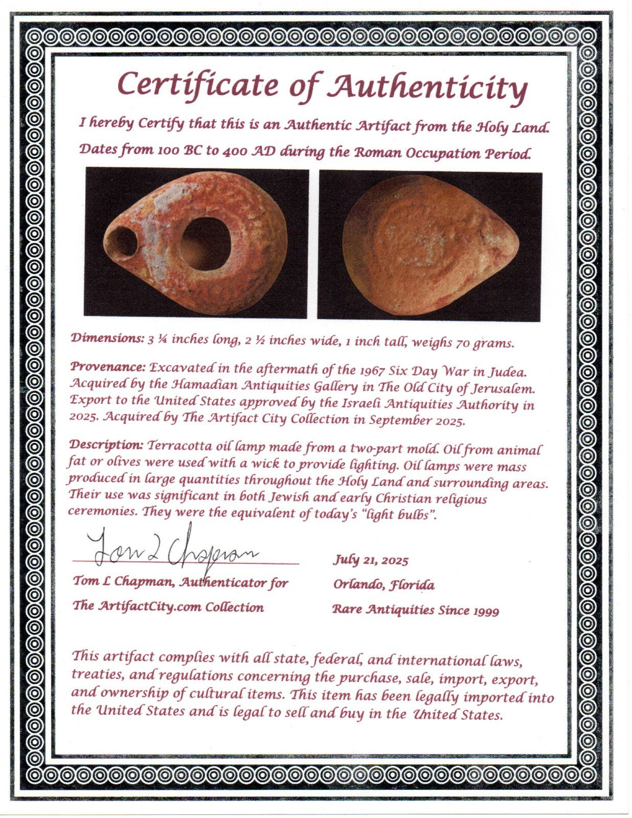 Ancient Holy Land Oil Lamp Artifact Jesus Christ Homeland 100BC-400AD COA 16