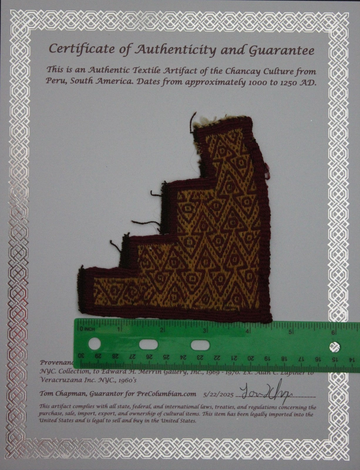 Pre Columbian Artifact Authentic Frameable Textile Border Chancay Peru COA 20