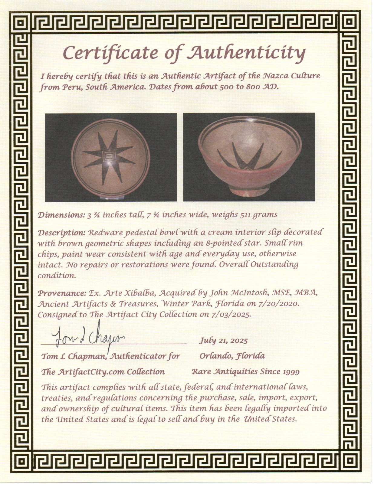 Pre Columbian Authentic Artifact Pedestal Bowl Nazca Peru 500 to 800 AD COA J53