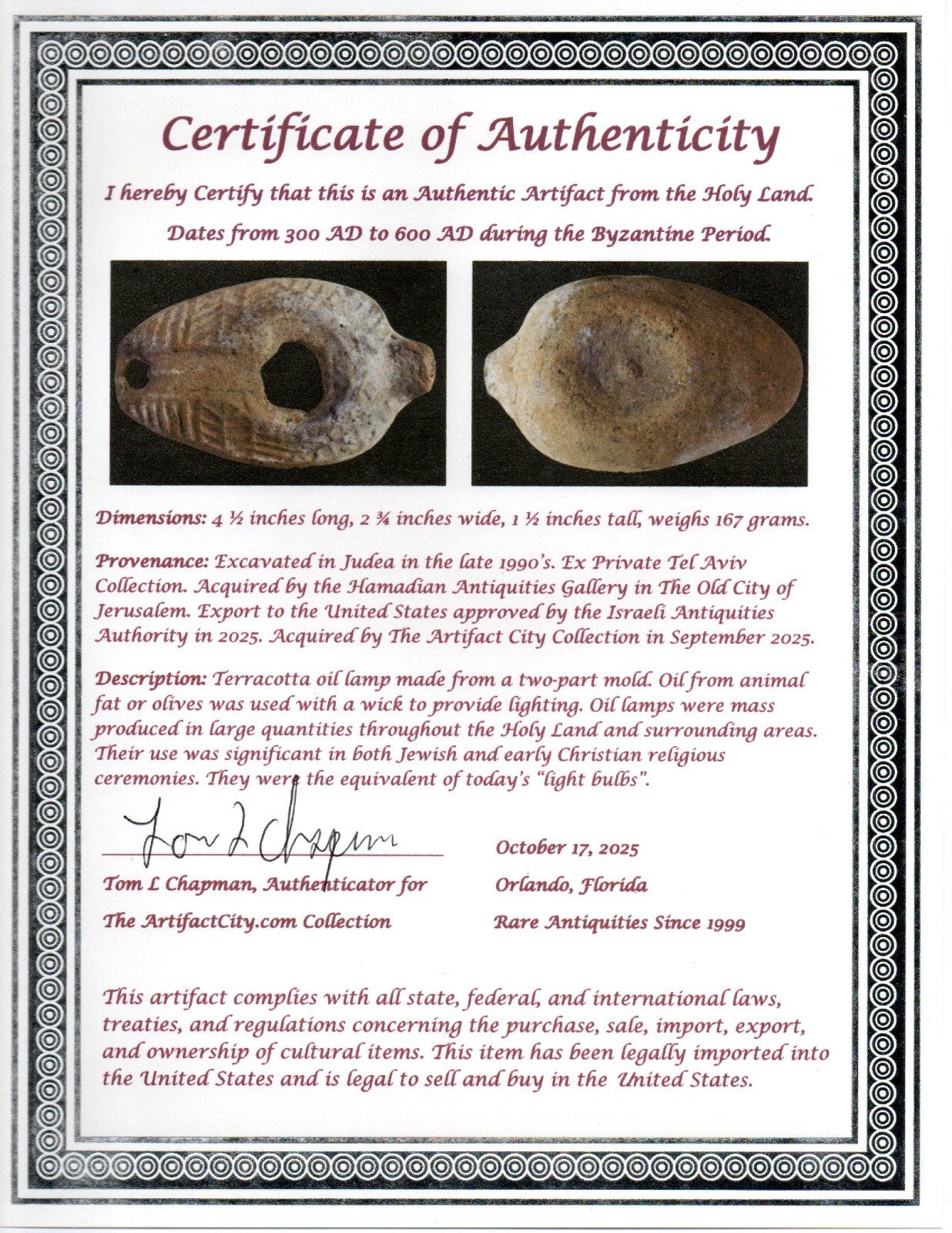 Very Big Ancient Holy Land Oil Lamp Artifact Jesus Christ Home 300-600 AD COA 93